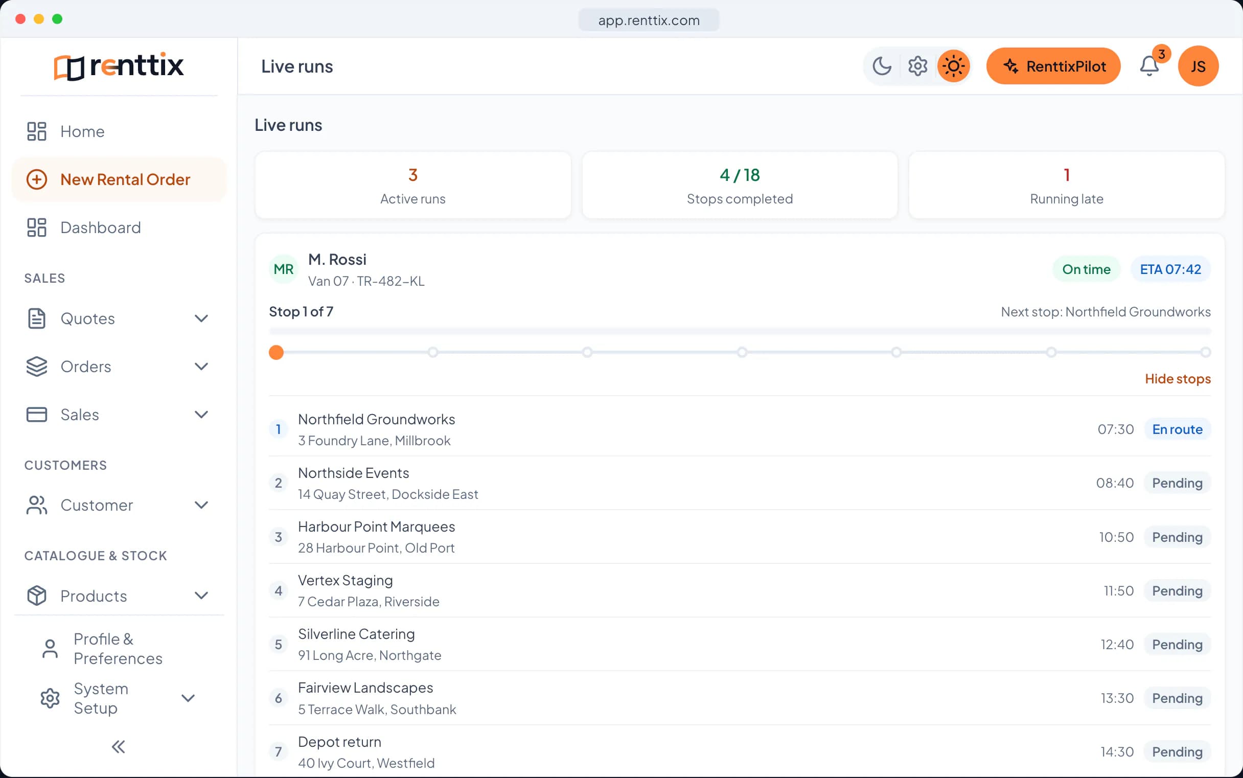 Field service demo: a real Renttix screen, shown with sample data