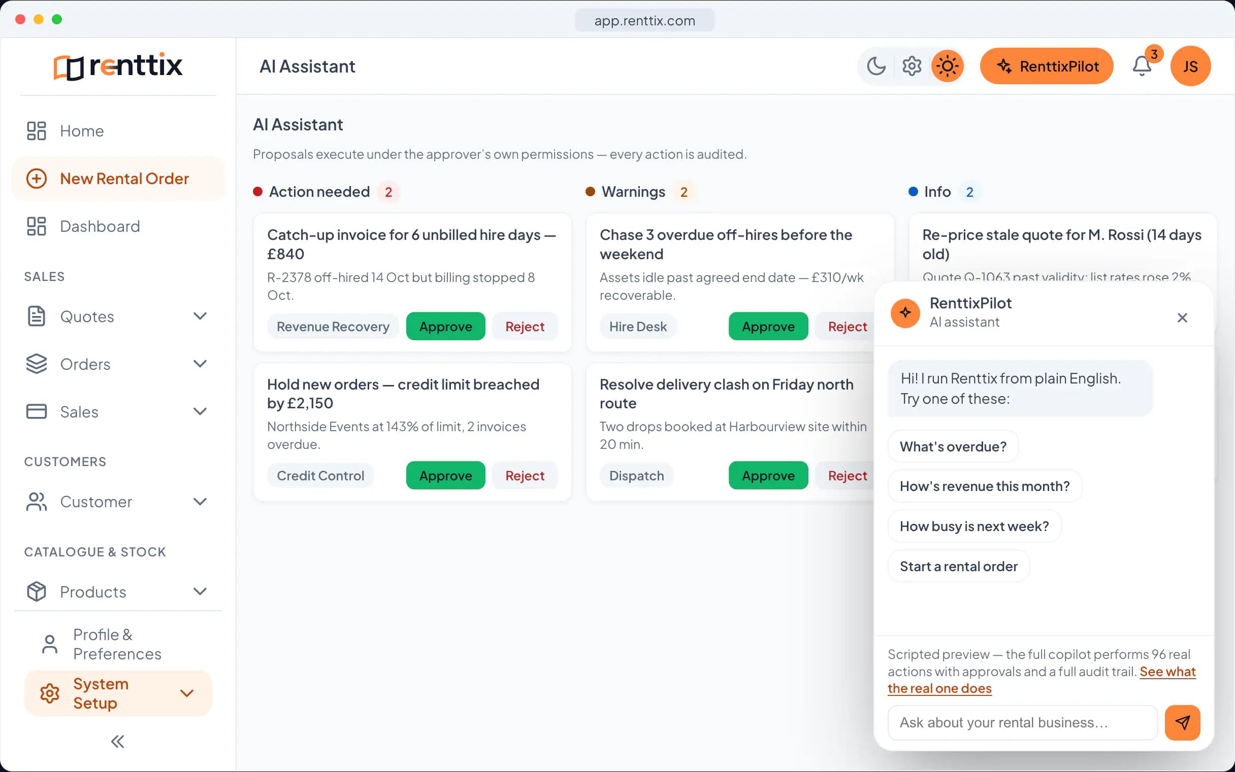 AI operations demo: a real Renttix screen, shown with sample data