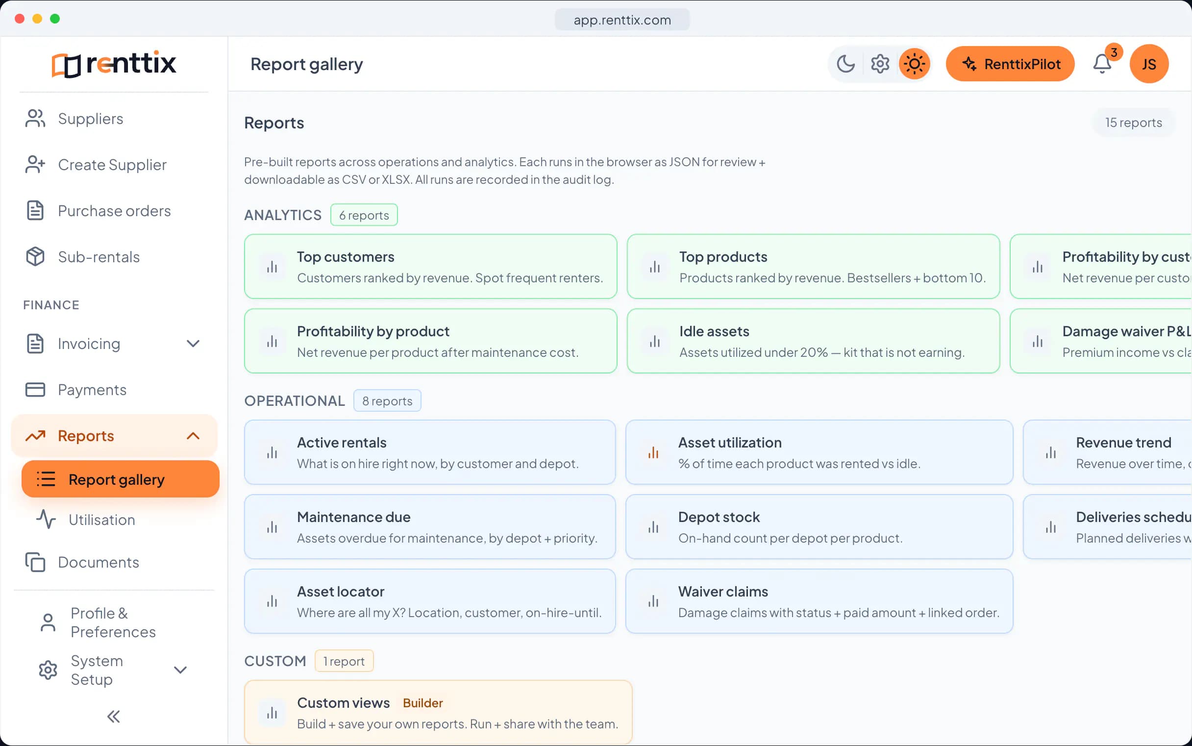 Reporting demo: a real Renttix screen, shown with sample data