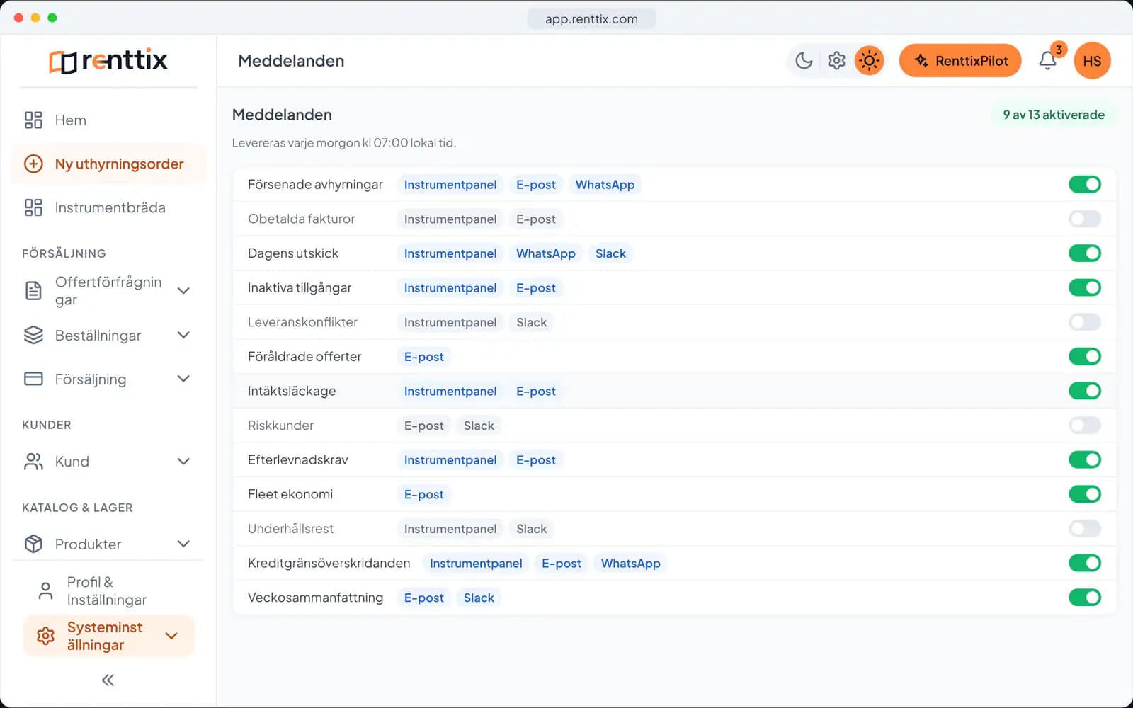 AI-driftsdemo: en riktig Renttix-skärm med exempeldata