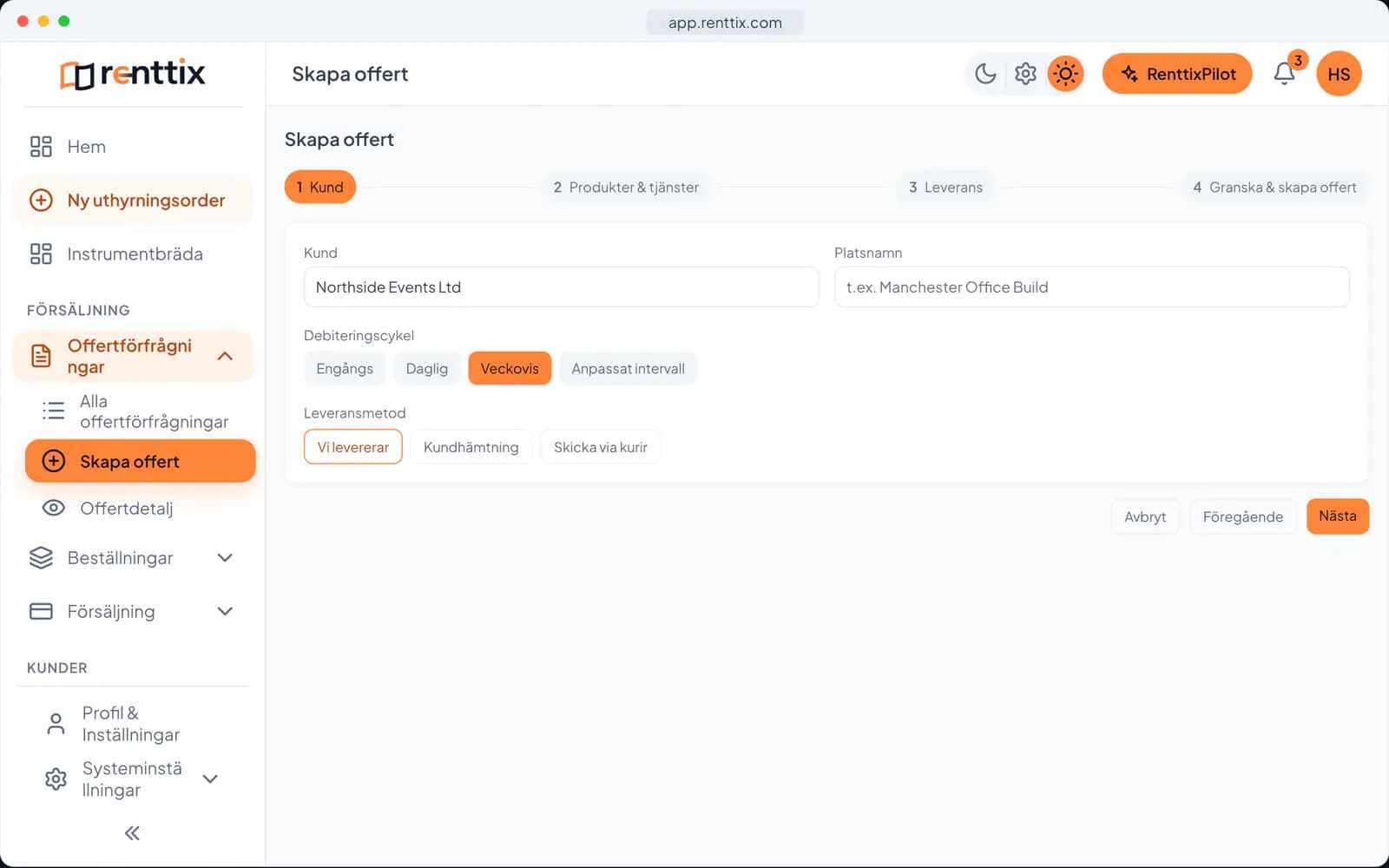 Demo av offertbyggare: en riktig Renttix-skärm med exempeldata