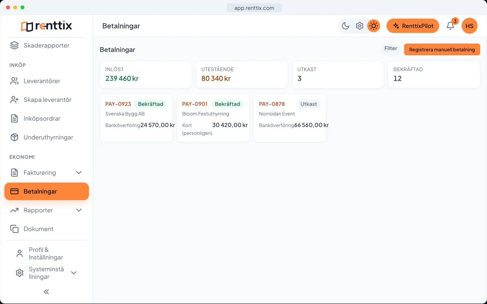Betalningar: en riktig Renttix-skärm med exempeldata