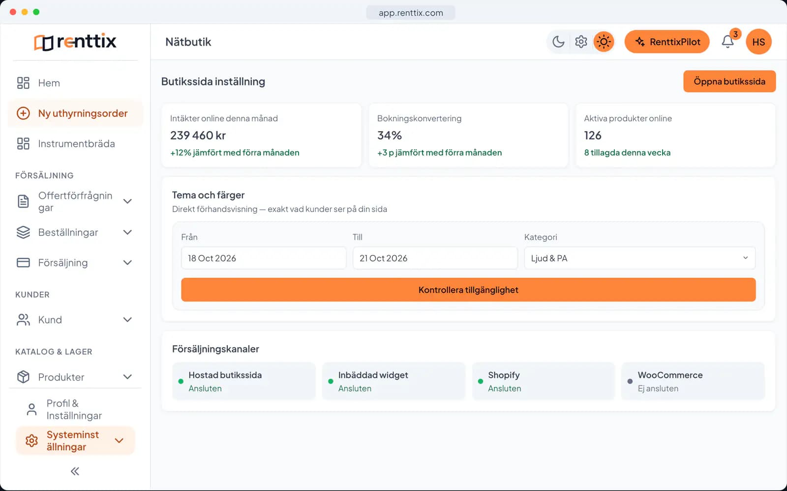 Demo av webbutik: en riktig Renttix-skärm med exempeldata