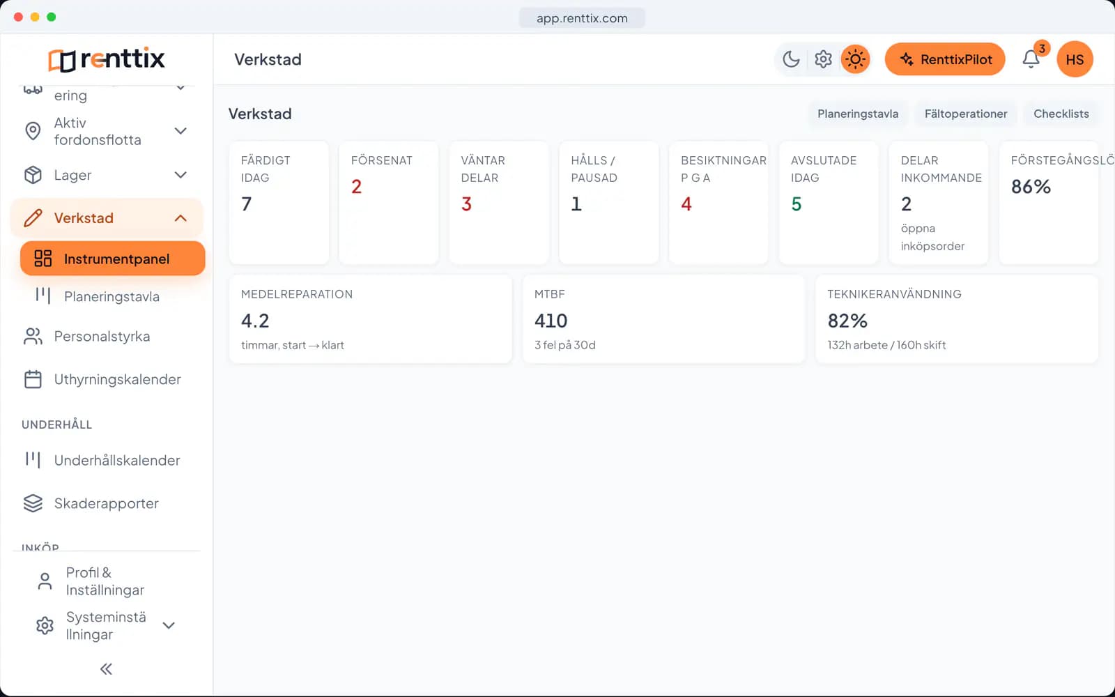 Workshop-demo: en riktig Renttix-skärm med exempeldata