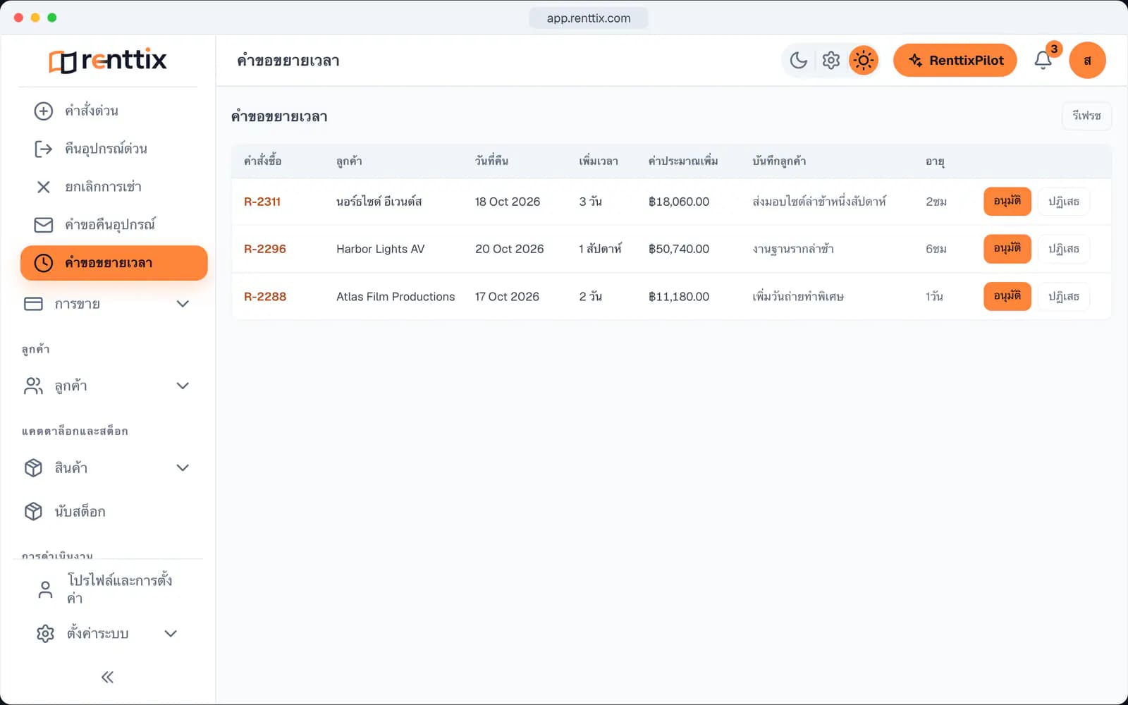 สาธิตการขอขยายระยะเวลาเช่า: หน้าจอจริงของ Renttix พร้อมข้อมูลตัวอย่าง