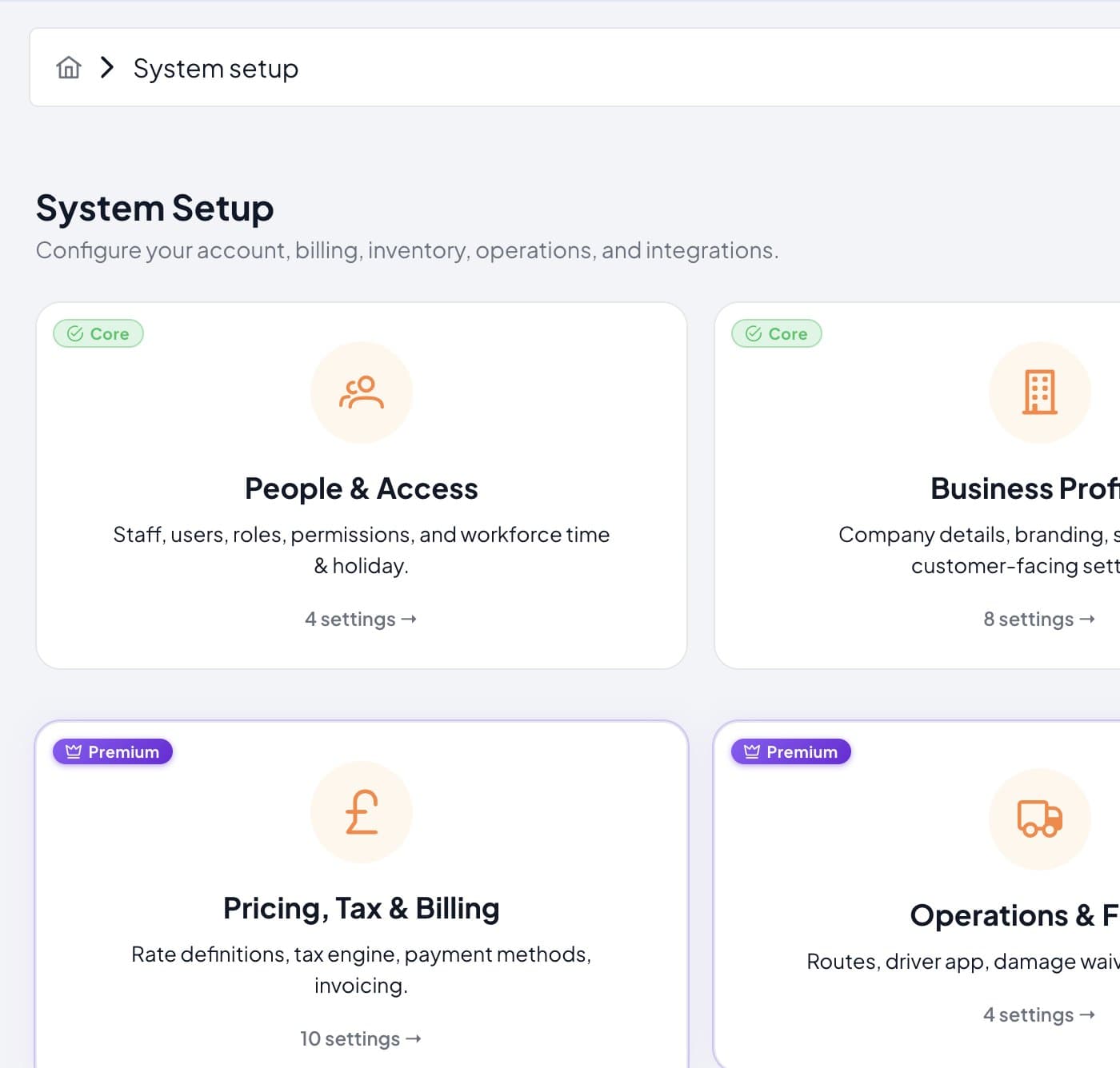 Renttix System Setup screen with People & Access, Business Profile, Inventory & Products, Pricing, Tax & Billing, Operations & Field and Integrations cards