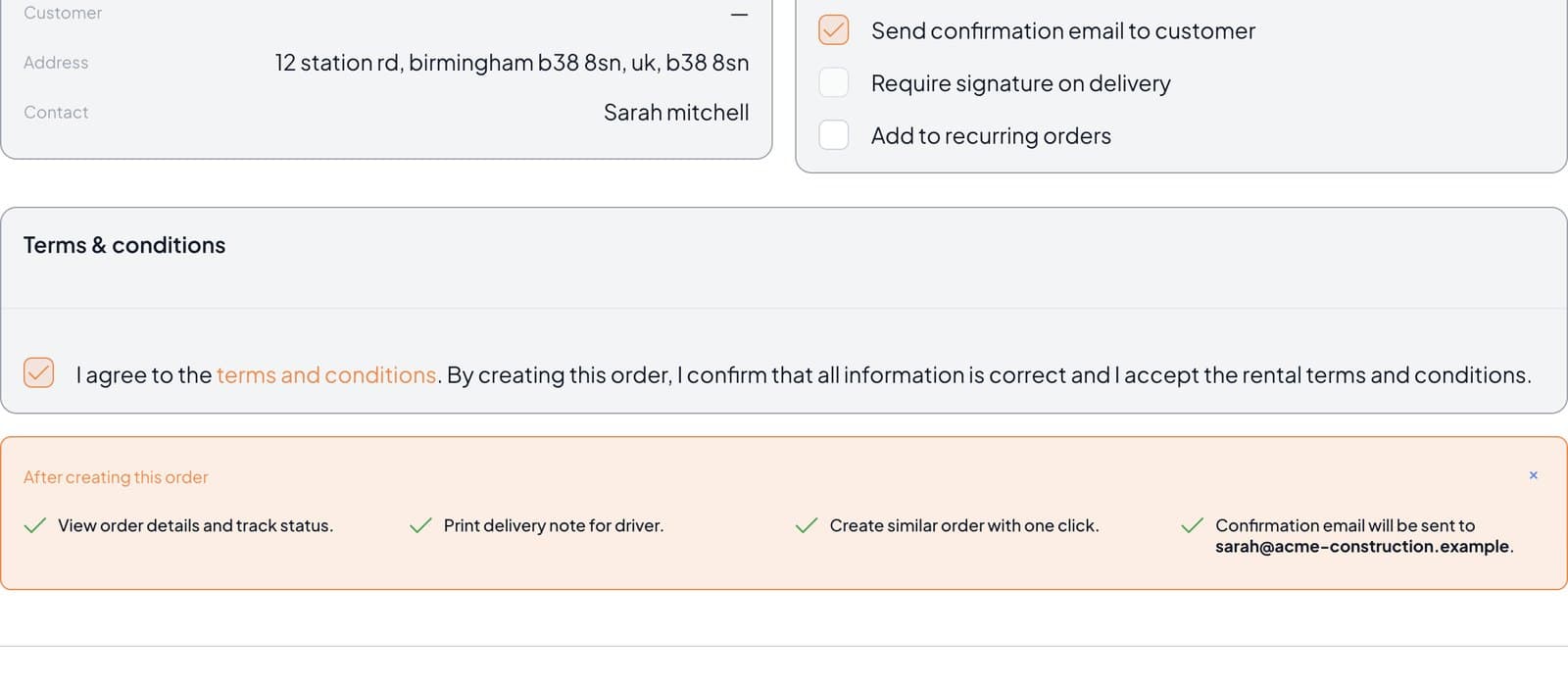 Renttix order confirmation step showing the customer and delivery address, signature-on-delivery and confirmation-email options, and the terms and conditions agreement