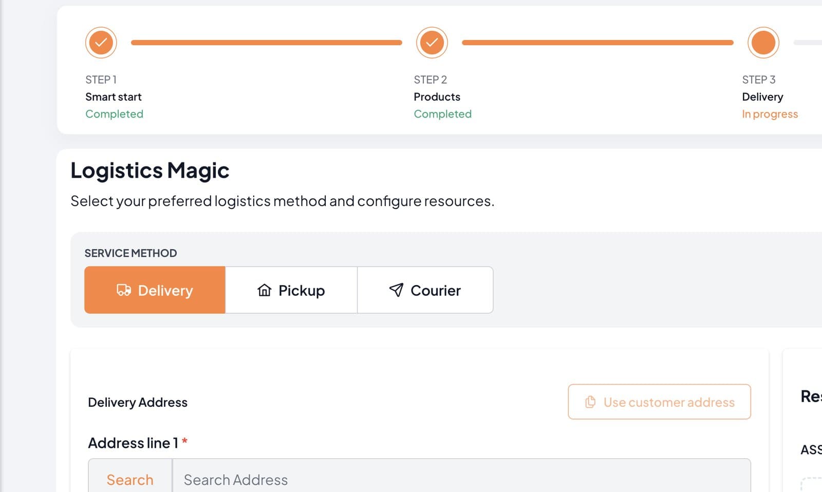 Renttix Logistics Magic delivery step with Delivery, Pickup and Courier methods, delivery address and resource assignment