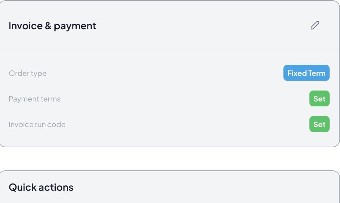 Renttix invoice and payment settings with payment terms, invoice run code, billing period and purchase order number