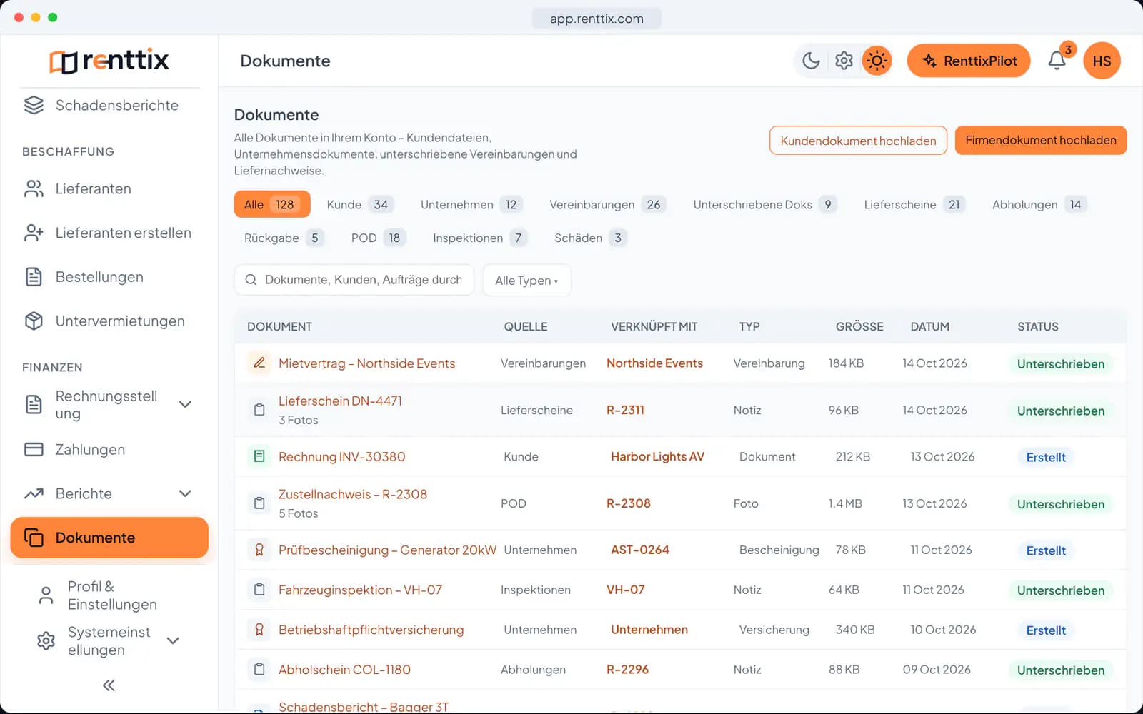 Dokumente & E-Signatur Demo: ein echter Renttix-Bildschirm mit Beispieldaten