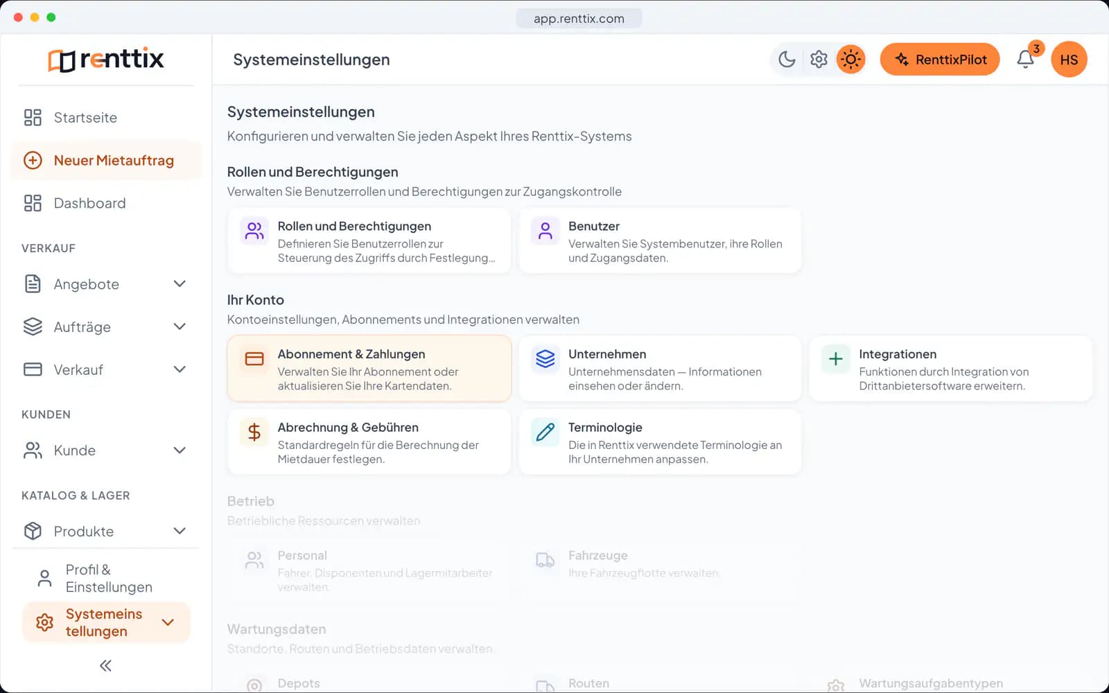 Systemeinstellungen: ein echter Renttix-Bildschirm mit Beispieldaten