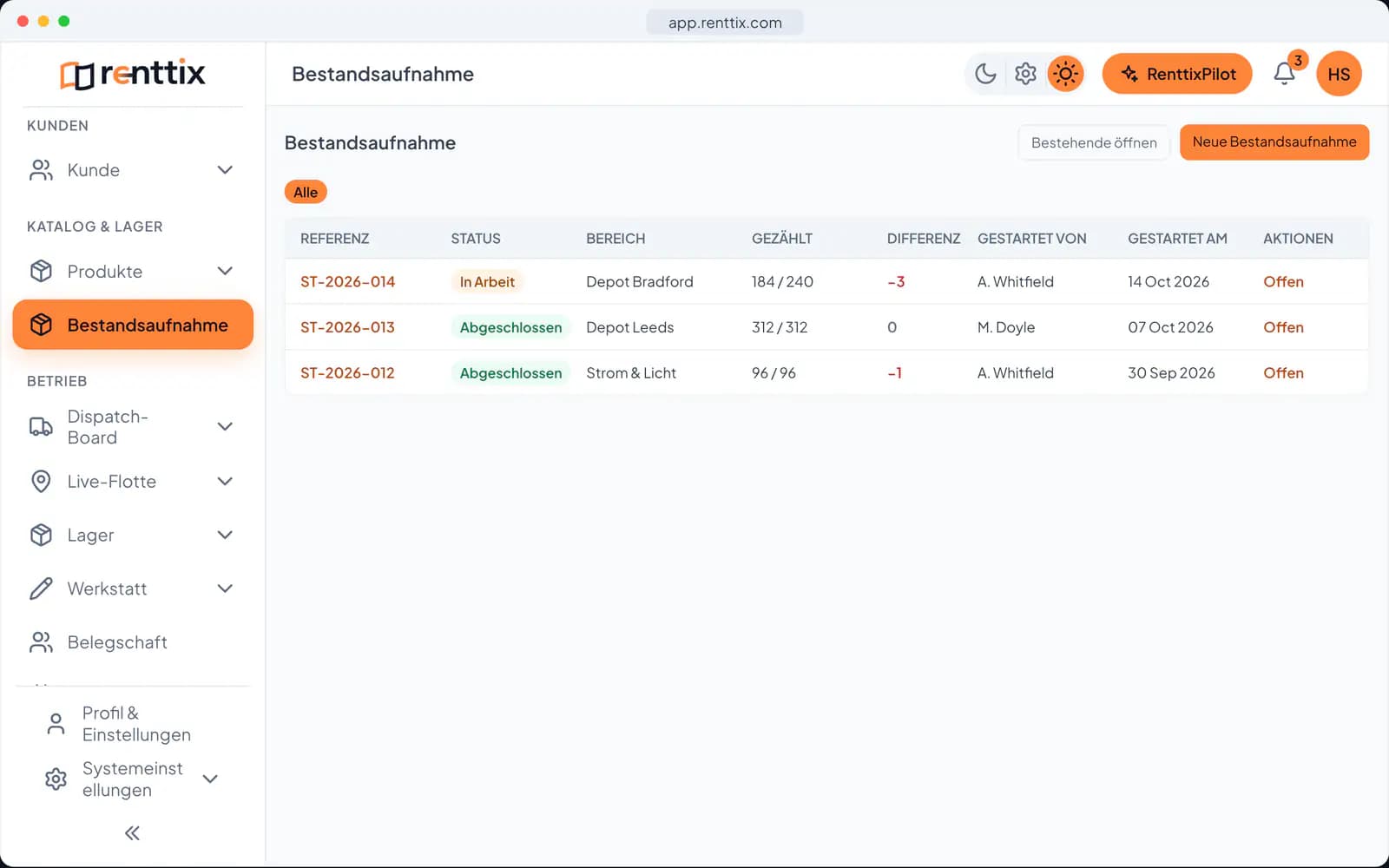 Inventur-Demo: ein echter Renttix-Bildschirm mit Beispieldaten