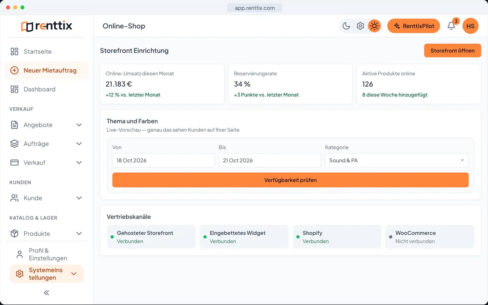 Online-Shop-Demo: ein echter Renttix-Bildschirm mit Beispieldaten