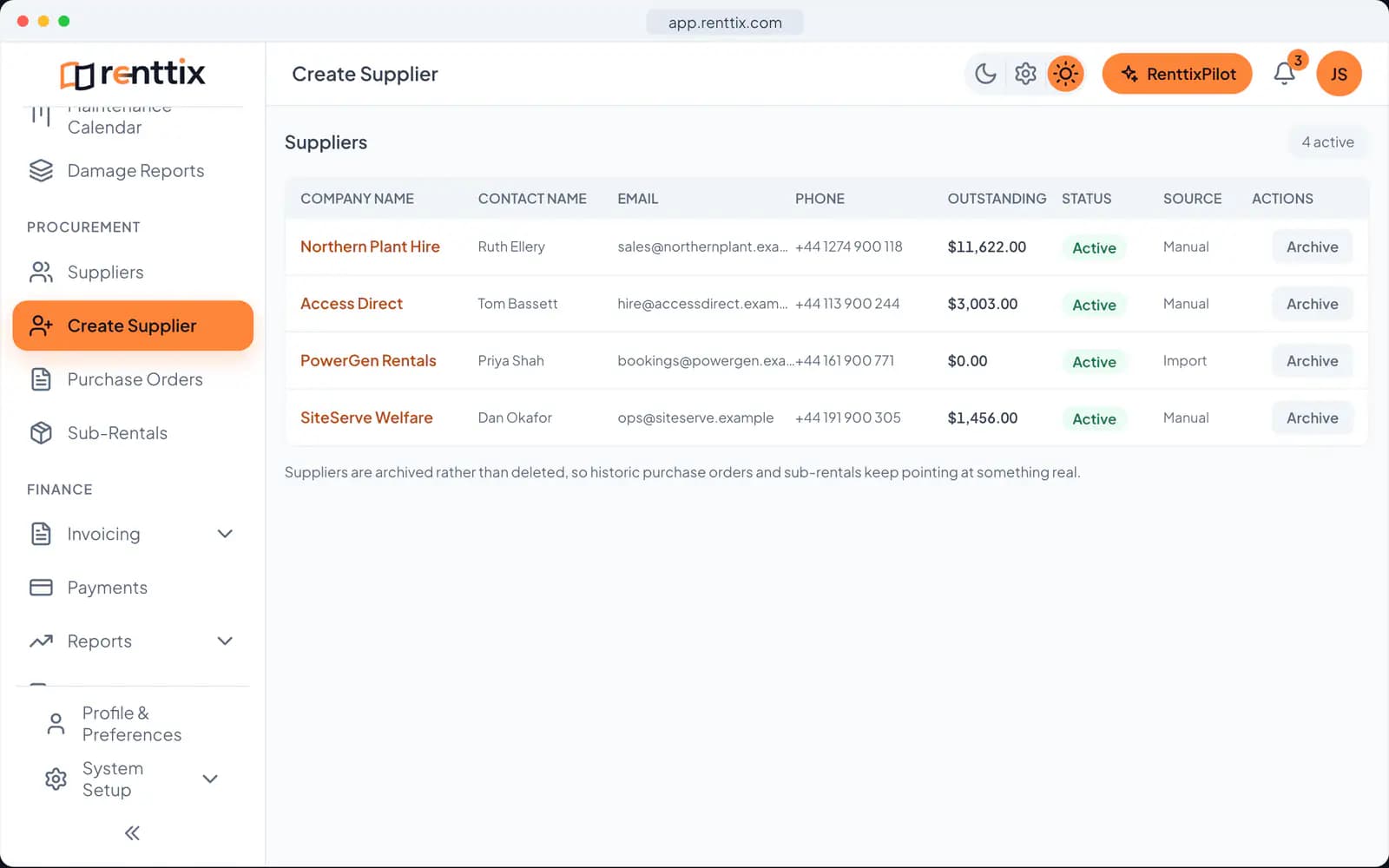 Add a Supplier Demo: a real Renttix screen, shown with sample data