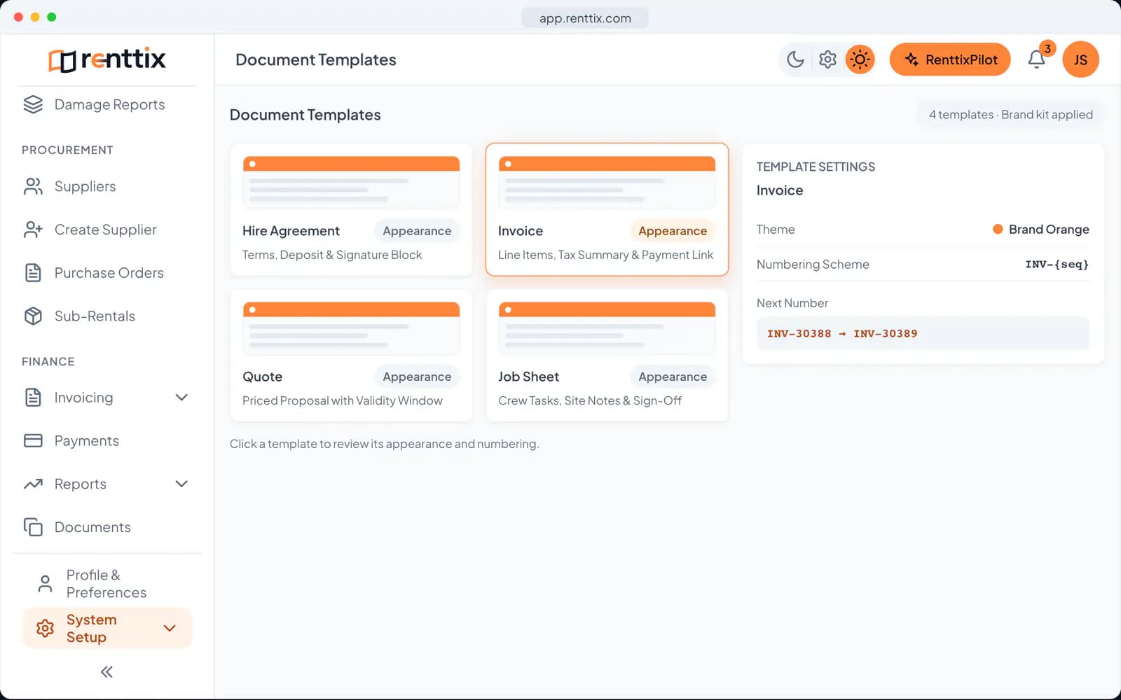 Documents & E-Sign Demo: a real Renttix screen, shown with sample data