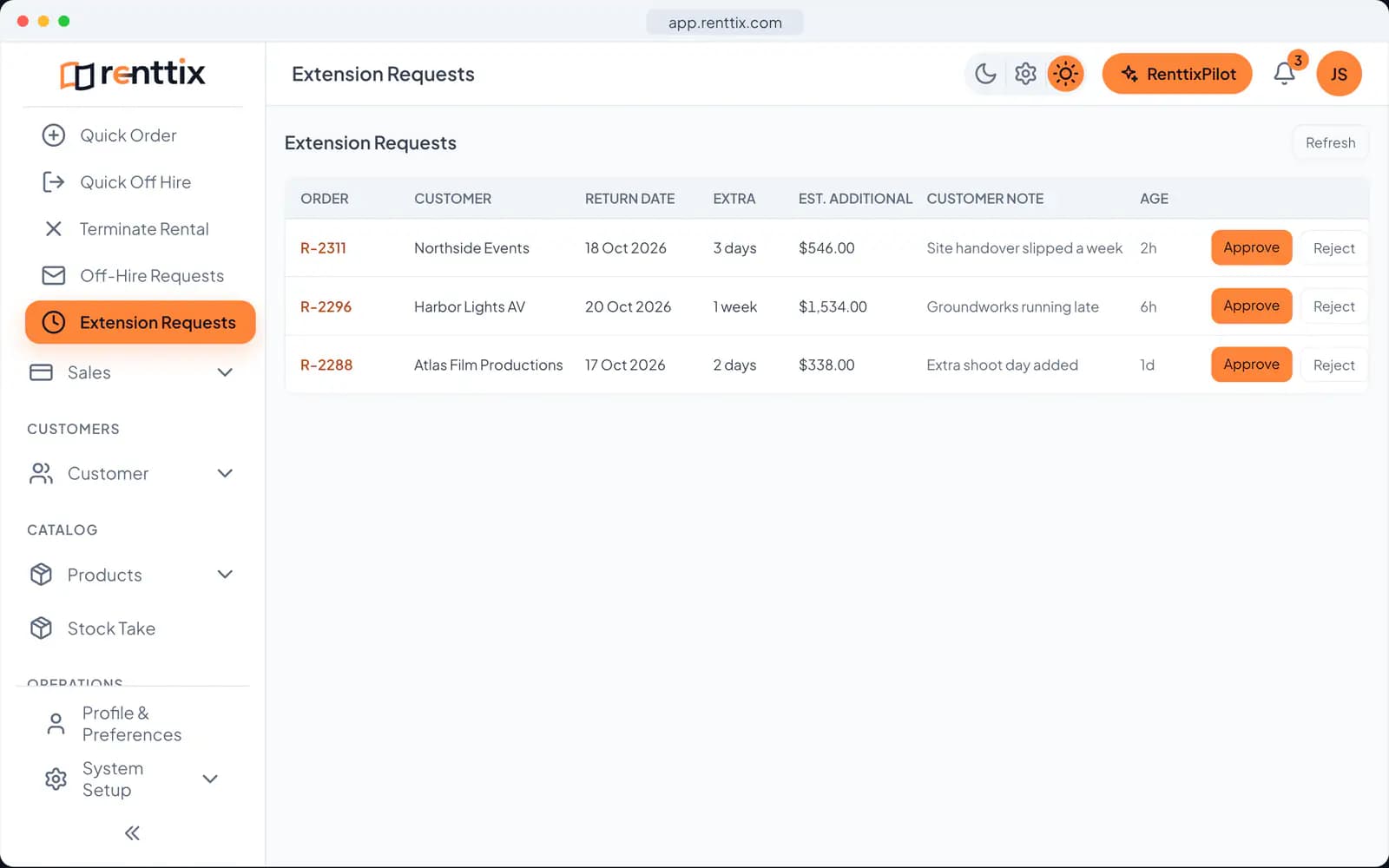 Extension Requests Demo: a real Renttix screen, shown with sample data