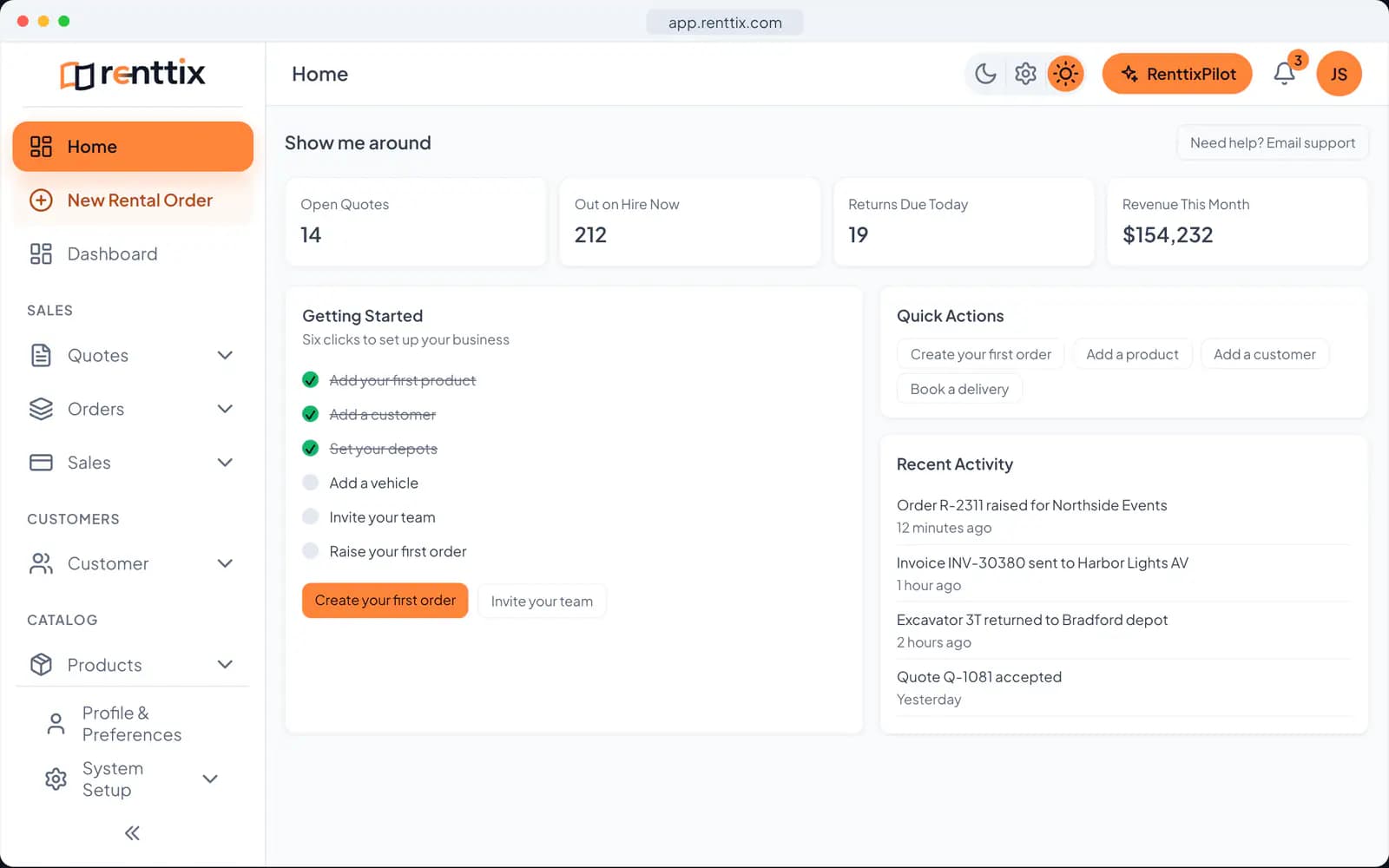 Home screen demo: a real Renttix screen, shown with sample data