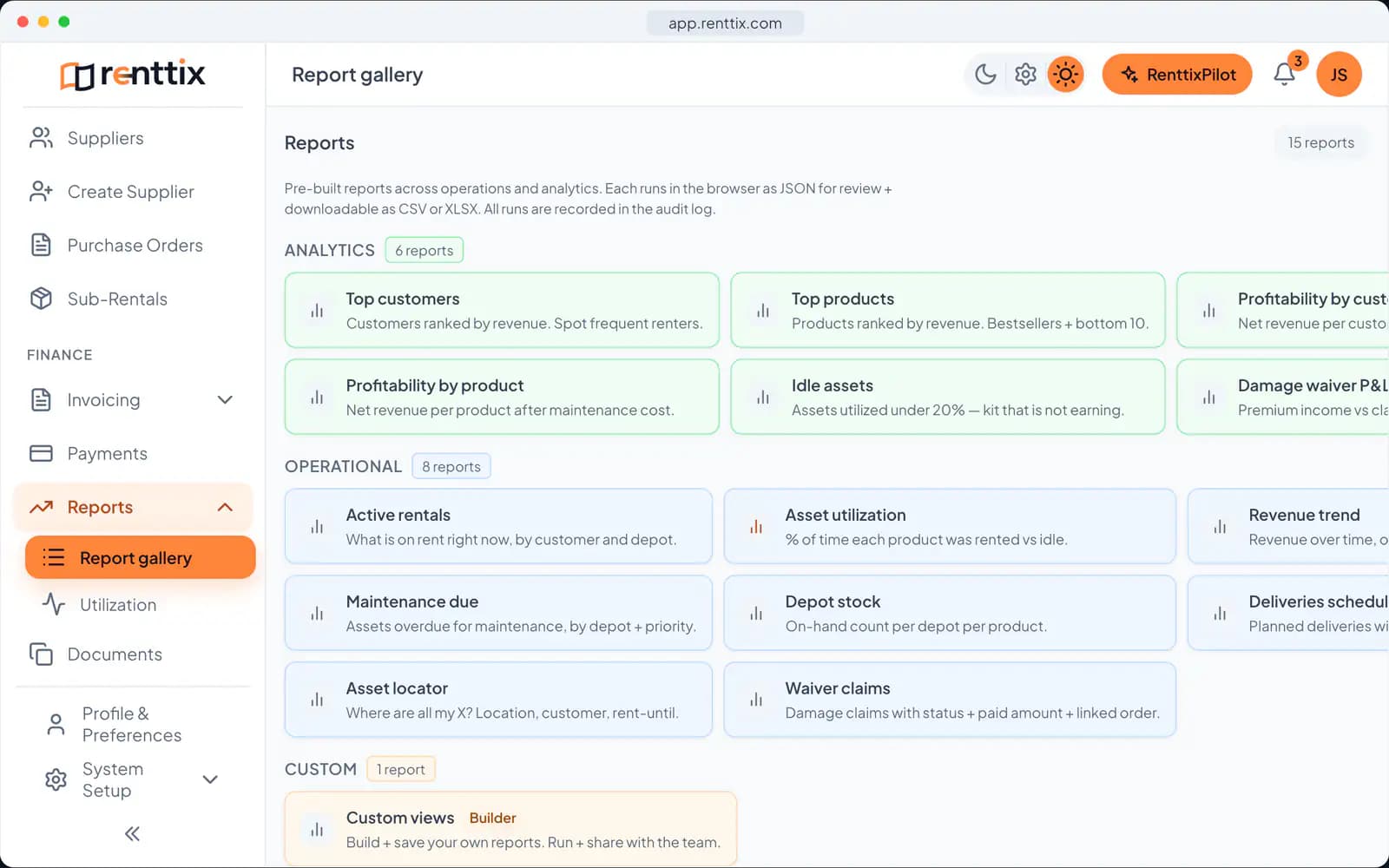 Reporting Demo: a real Renttix screen, shown with sample data