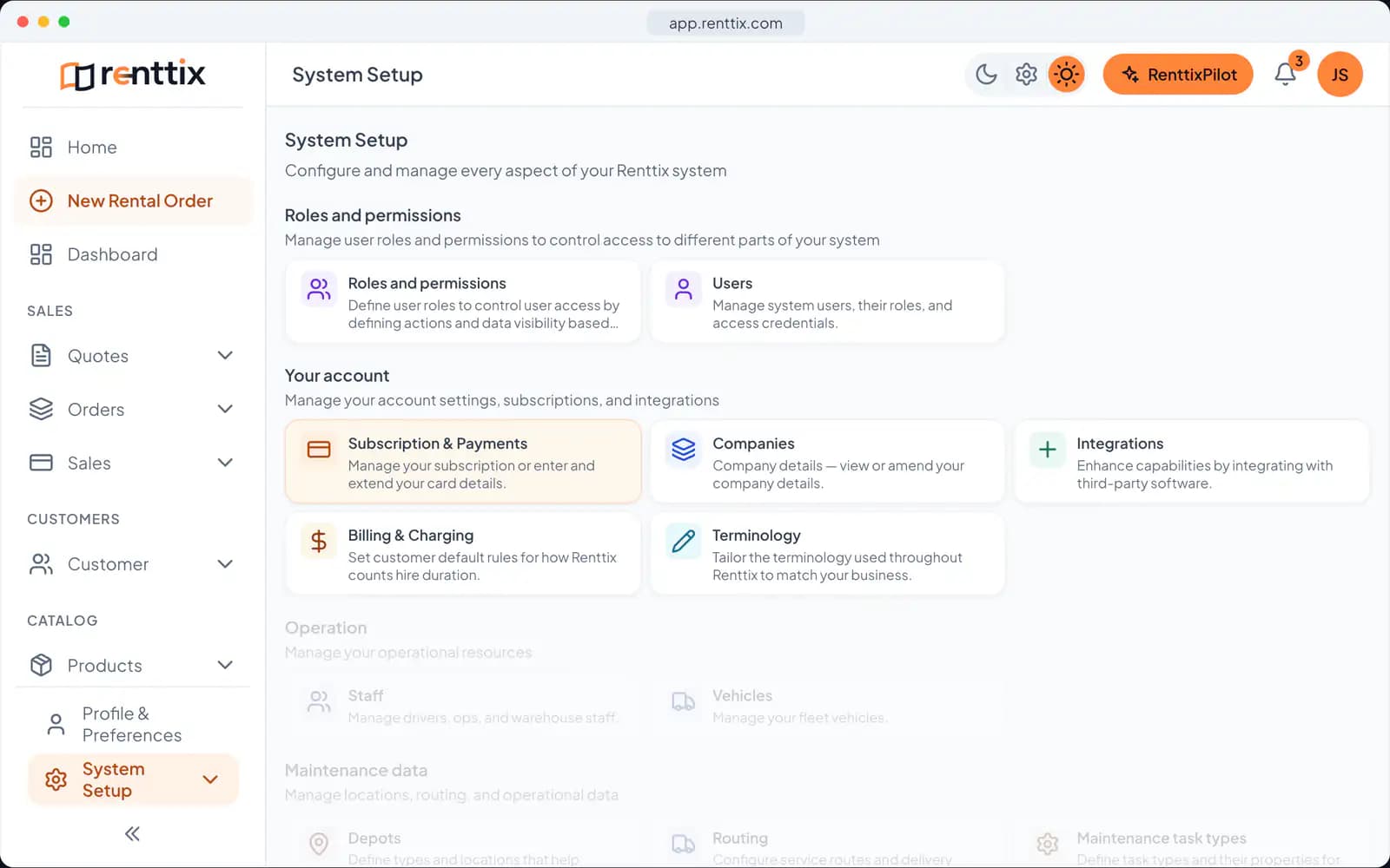 System setup: a real Renttix screen, shown with sample data