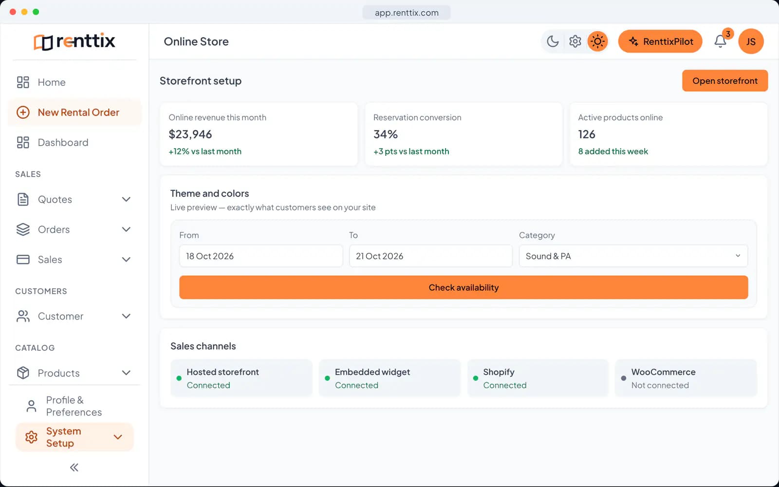 Online Store Demo: a real Renttix screen, shown with sample data