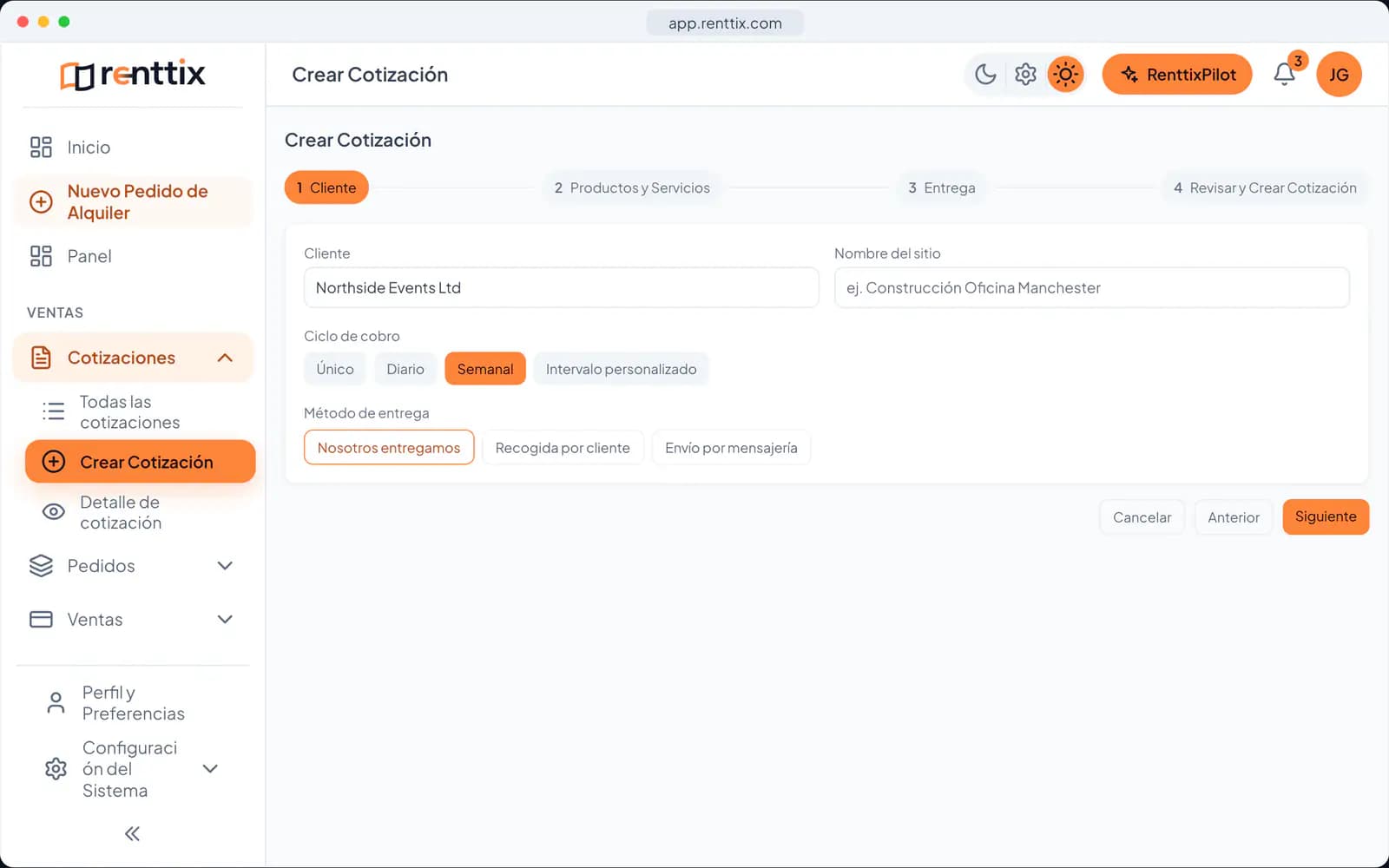 Demostración del generador de cotizaciones: una pantalla real de Renttix con datos de ejemplo