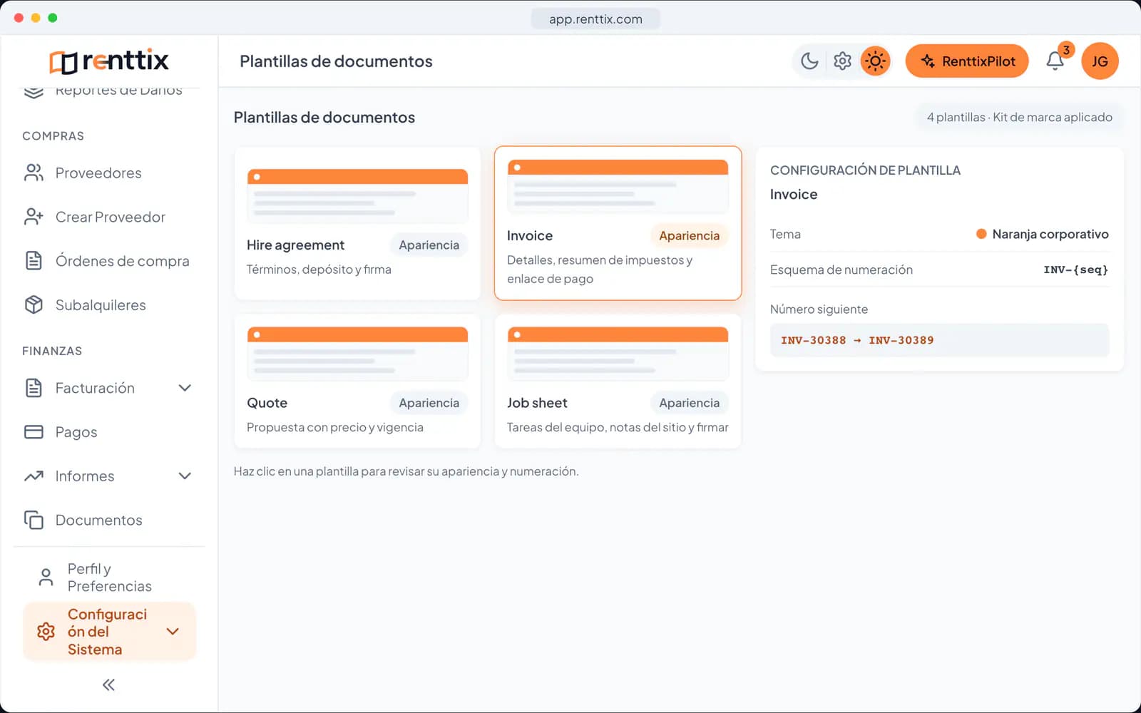 Demostración de Documentos y Firma Electrónica: una pantalla real de Renttix con datos de ejemplo