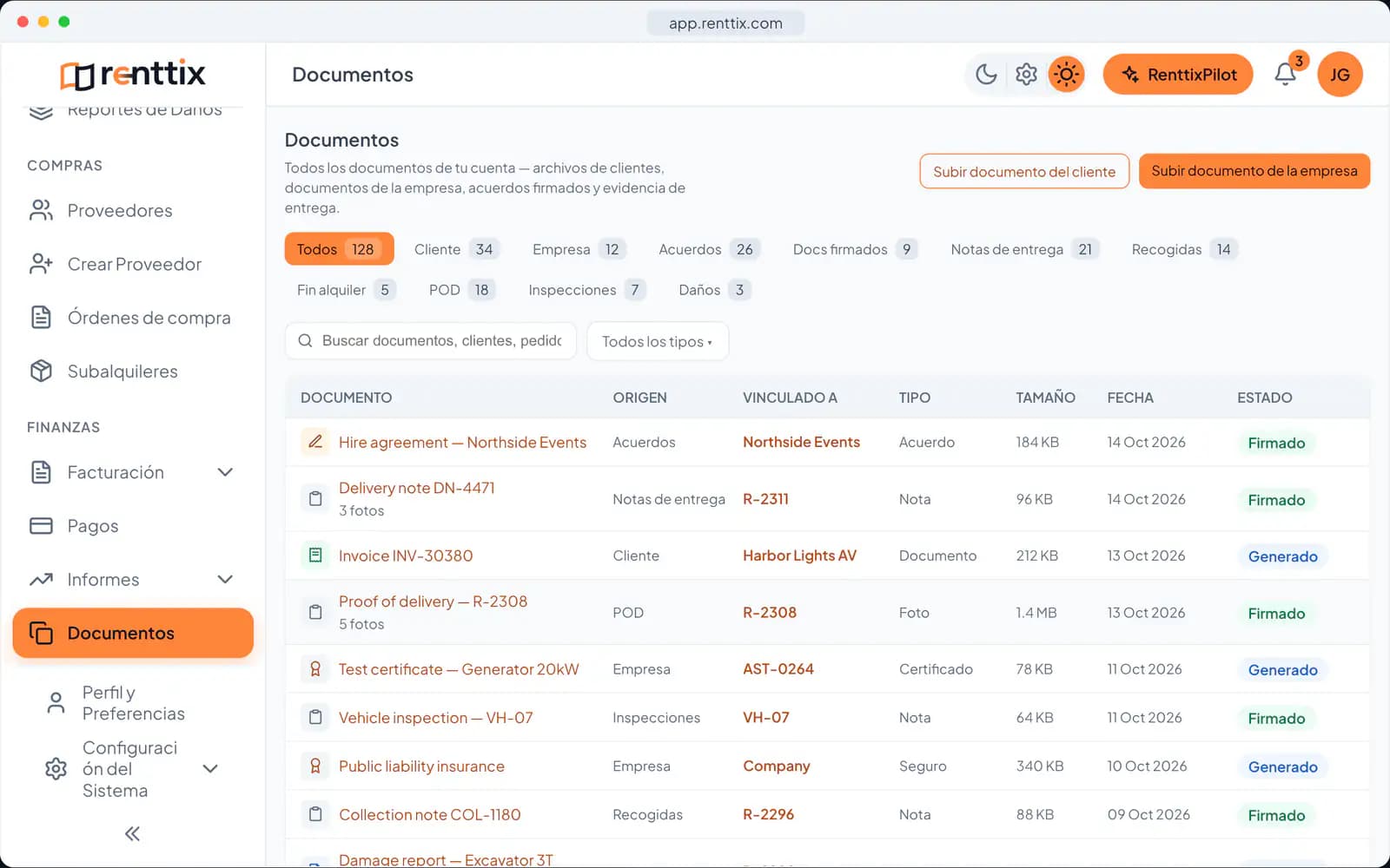 Demostración de Documentos y Firma Electrónica: una pantalla real de Renttix con datos de ejemplo