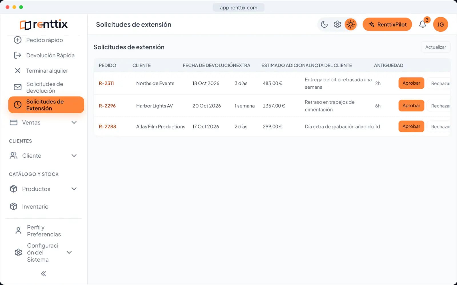 Demostración de solicitudes de extensión: una pantalla real de Renttix con datos de ejemplo
