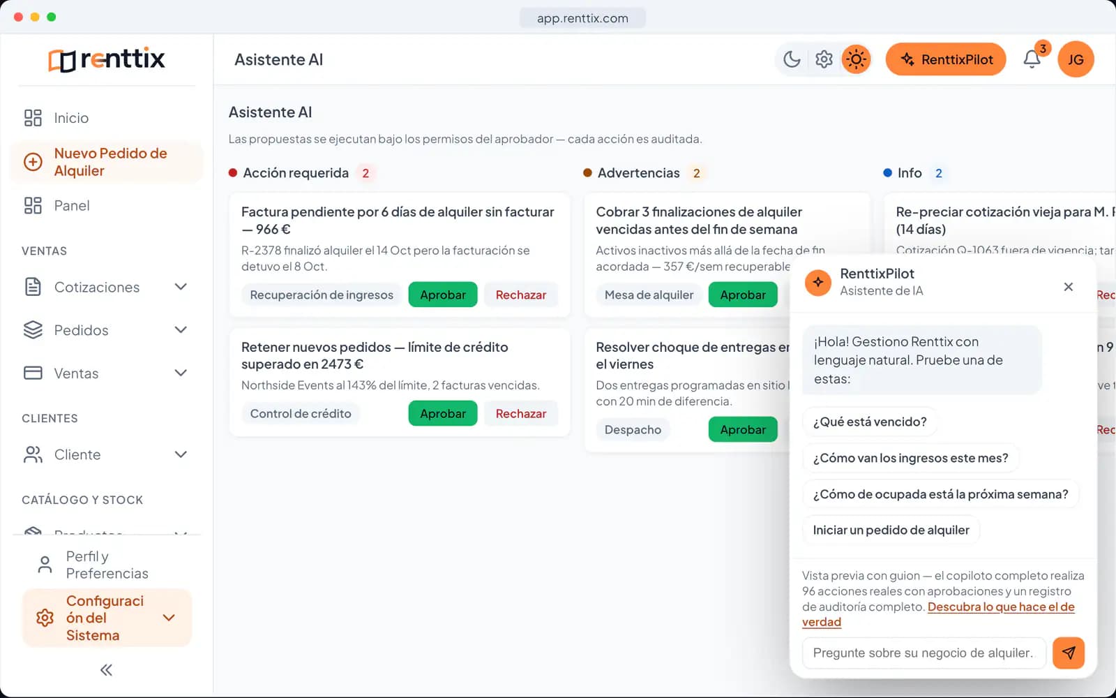 Demostración de operaciones con IA: una pantalla real de Renttix con datos de ejemplo