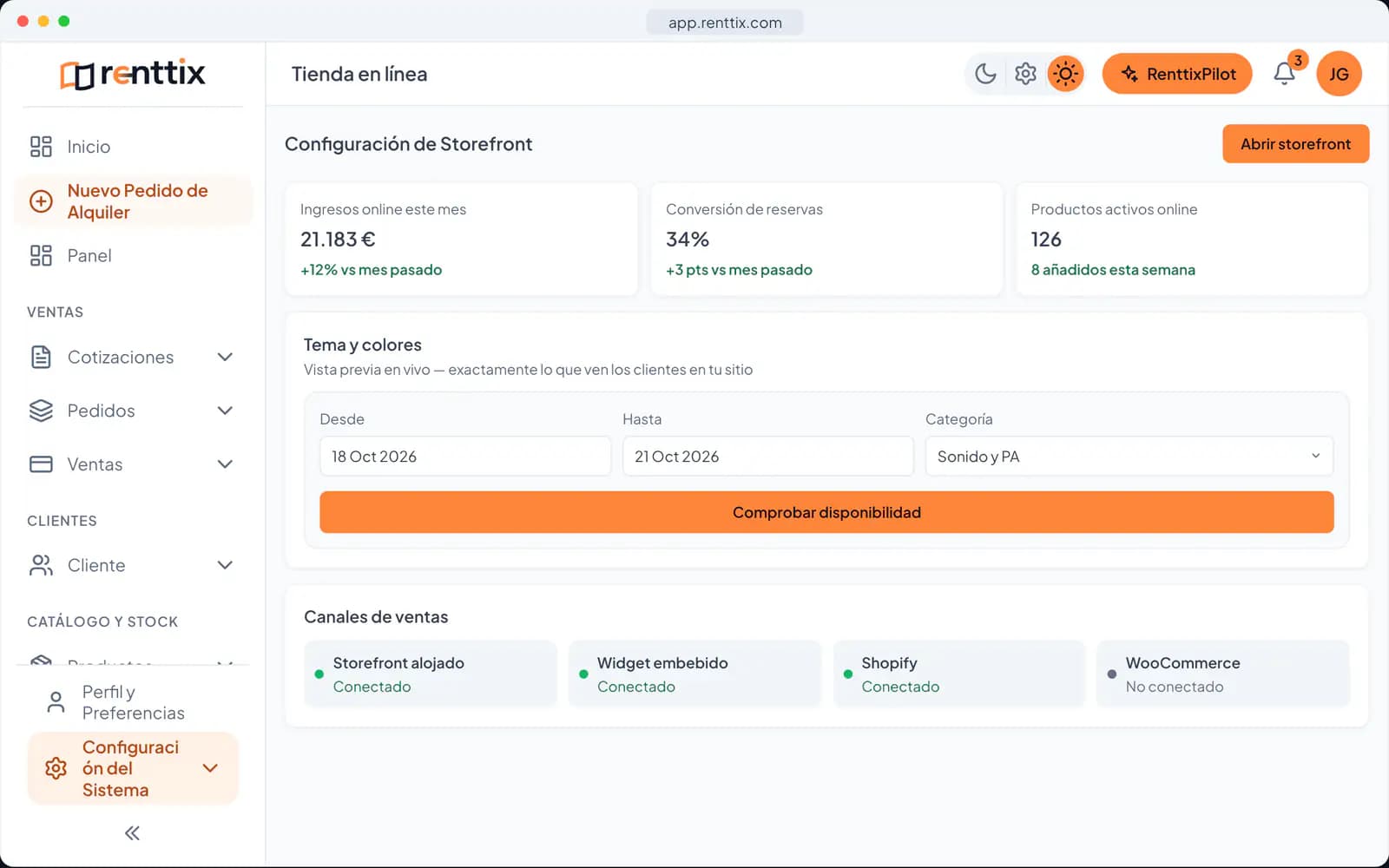 Demostración de tienda en línea: una pantalla real de Renttix con datos de ejemplo