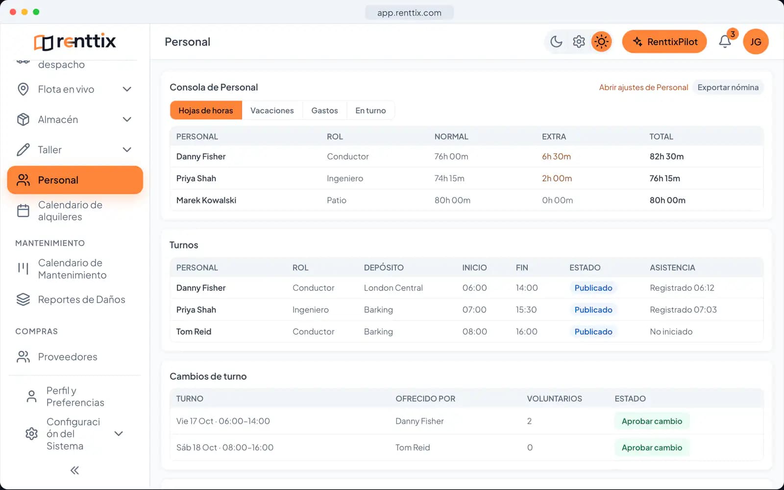 Demostración de gestión de personal: una pantalla real de Renttix con datos de ejemplo