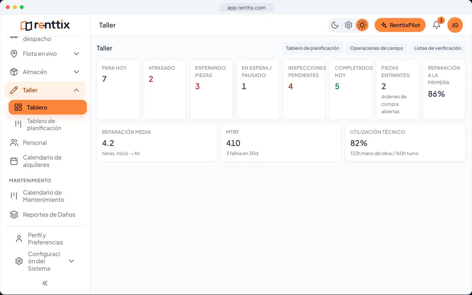 Demostración del taller: una pantalla real de Renttix con datos de ejemplo