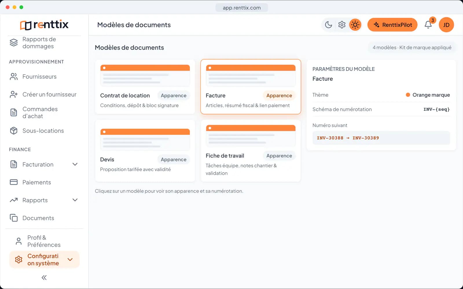 Démonstration Documents & signature électronique : un véritable écran Renttix, avec des données d’exemple