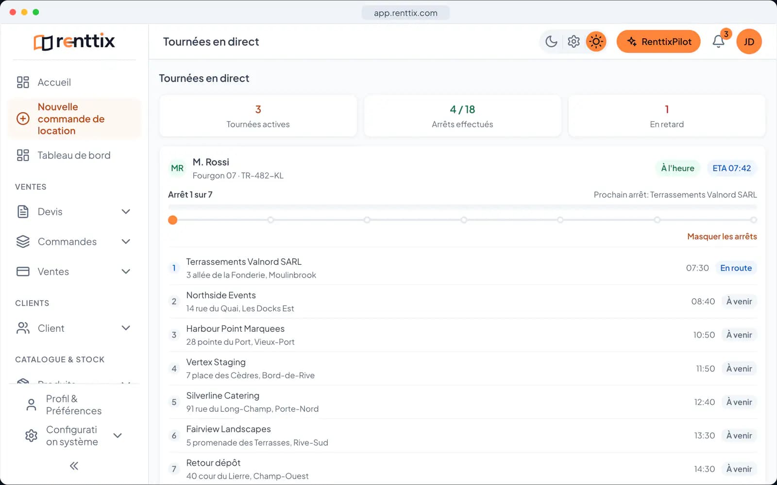 Démonstration du service sur le terrain : un véritable écran Renttix, avec des données d’exemple
