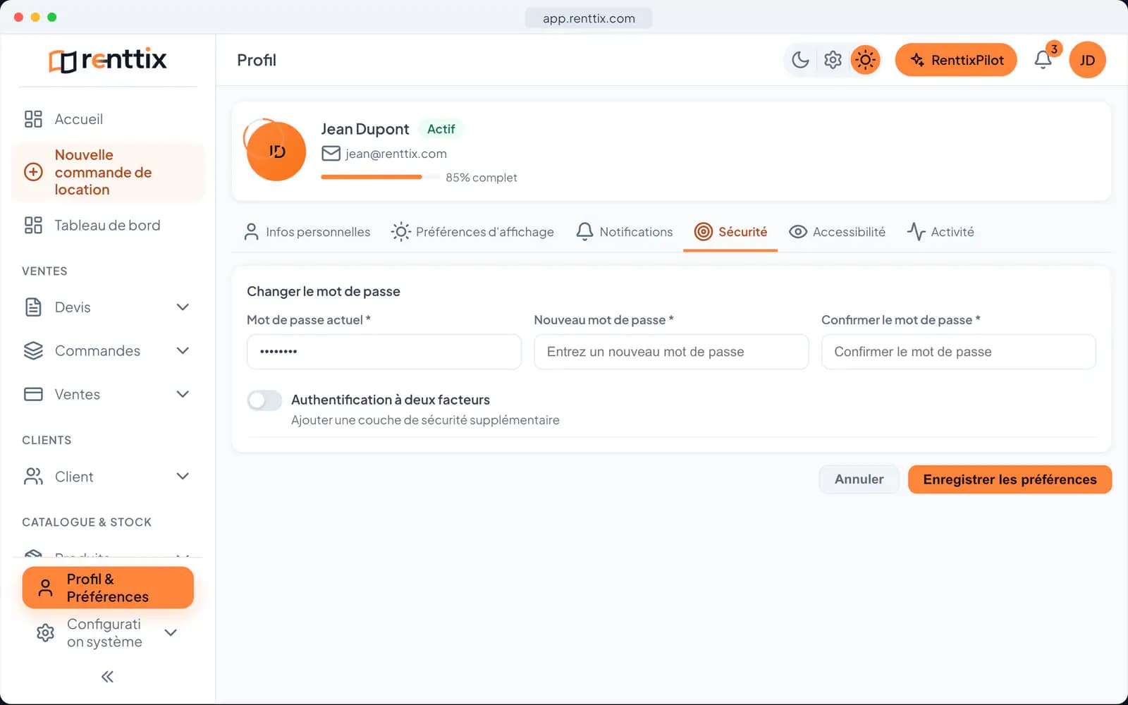 Sécurité du compte : un véritable écran Renttix, avec des données d’exemple