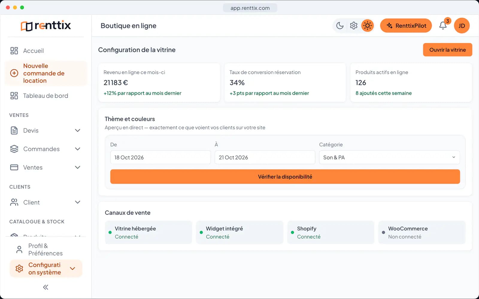Démonstration de boutique en ligne : un véritable écran Renttix, avec des données d’exemple