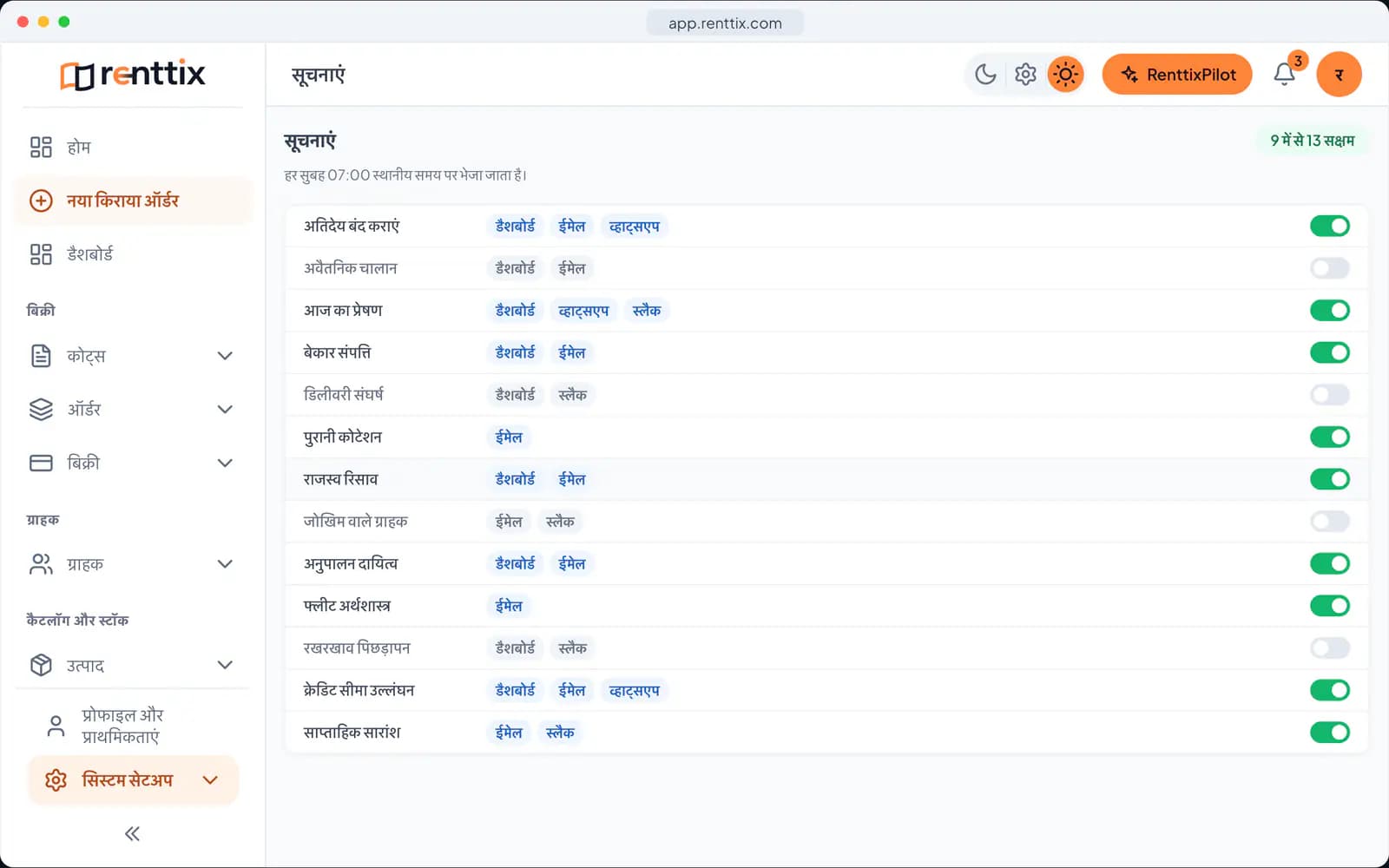 एआई संचालन डेमो: नमूना डेटा के साथ Renttix की असली स्क्रीन