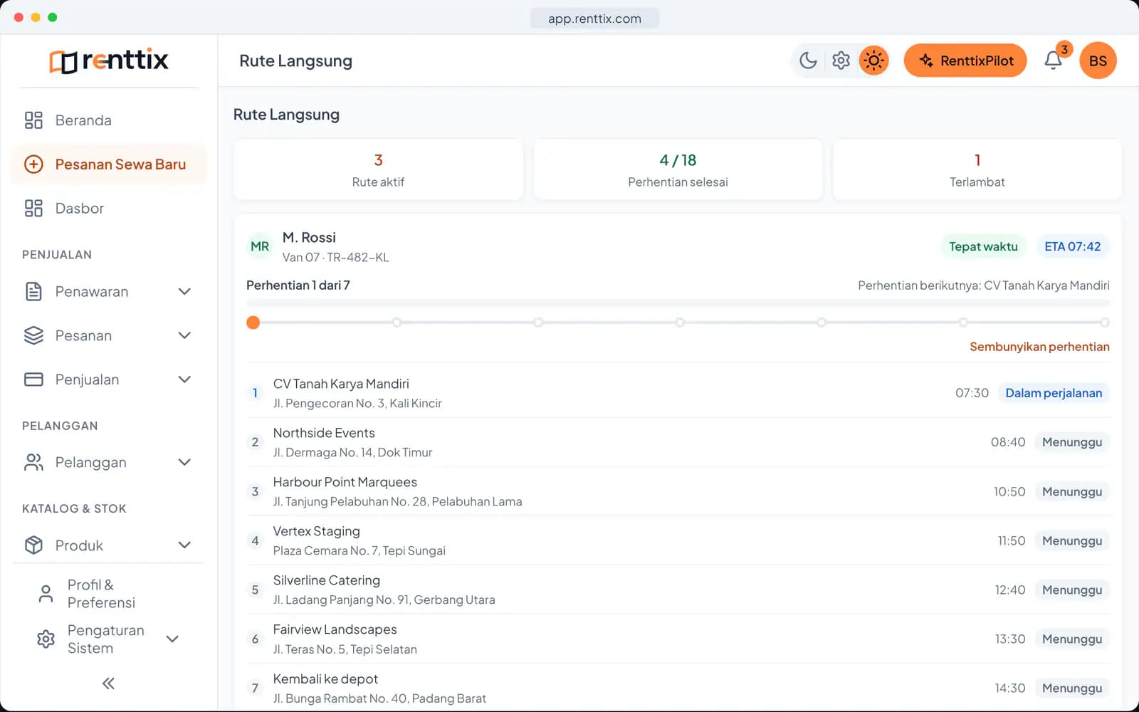 Demo layanan lapangan: layar Renttix asli dengan data contoh