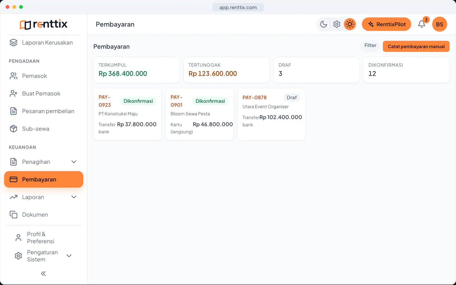 Pembayaran: layar Renttix asli dengan data contoh