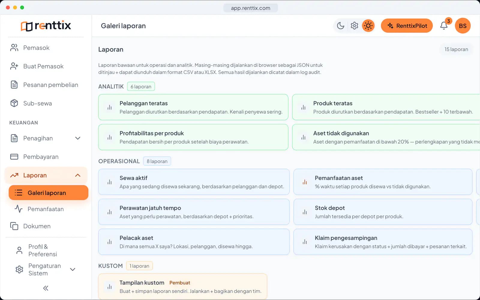 Demo Pelaporan: layar Renttix asli dengan data contoh