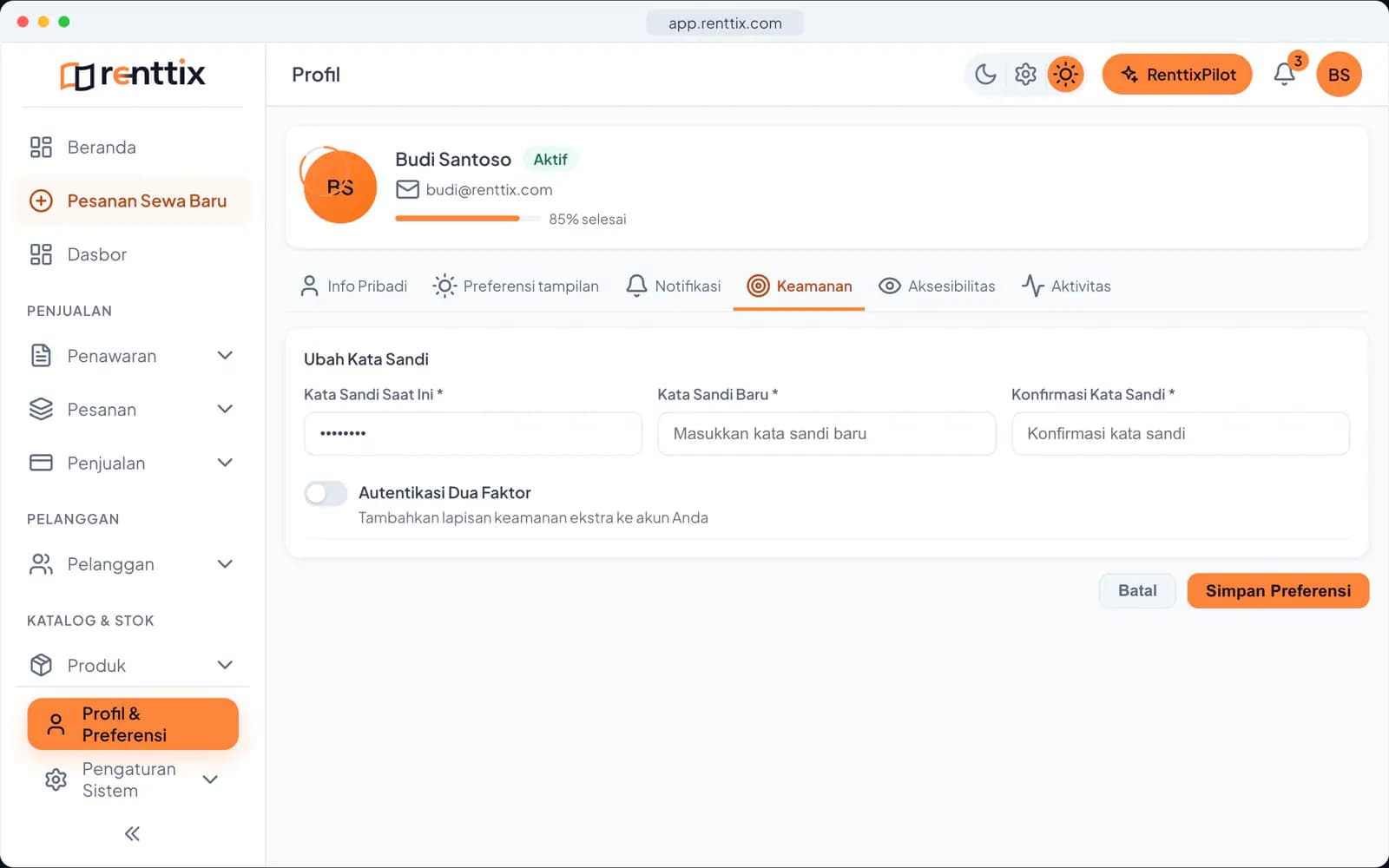 Keamanan akun: layar Renttix asli dengan data contoh
