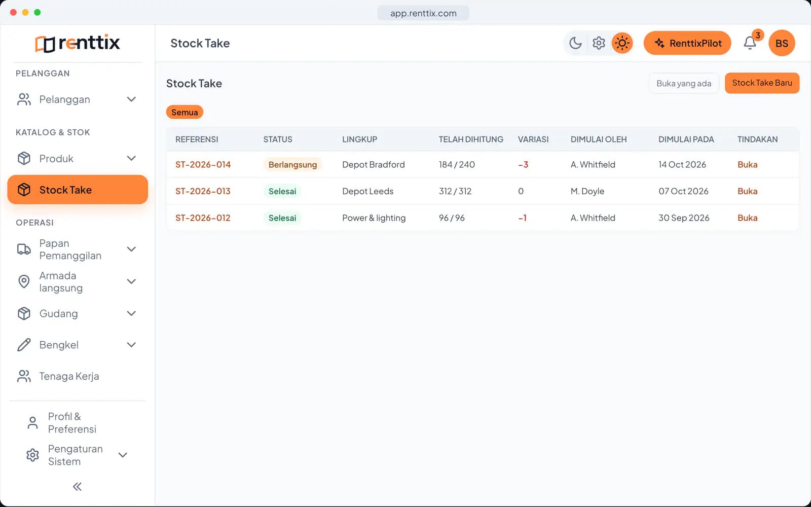 Demo Stock Take: layar Renttix asli dengan data contoh