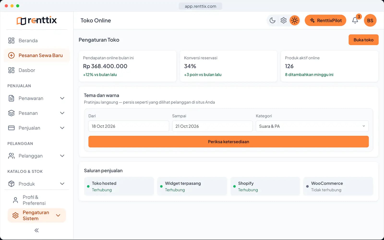 Demo toko online: layar Renttix asli dengan data contoh