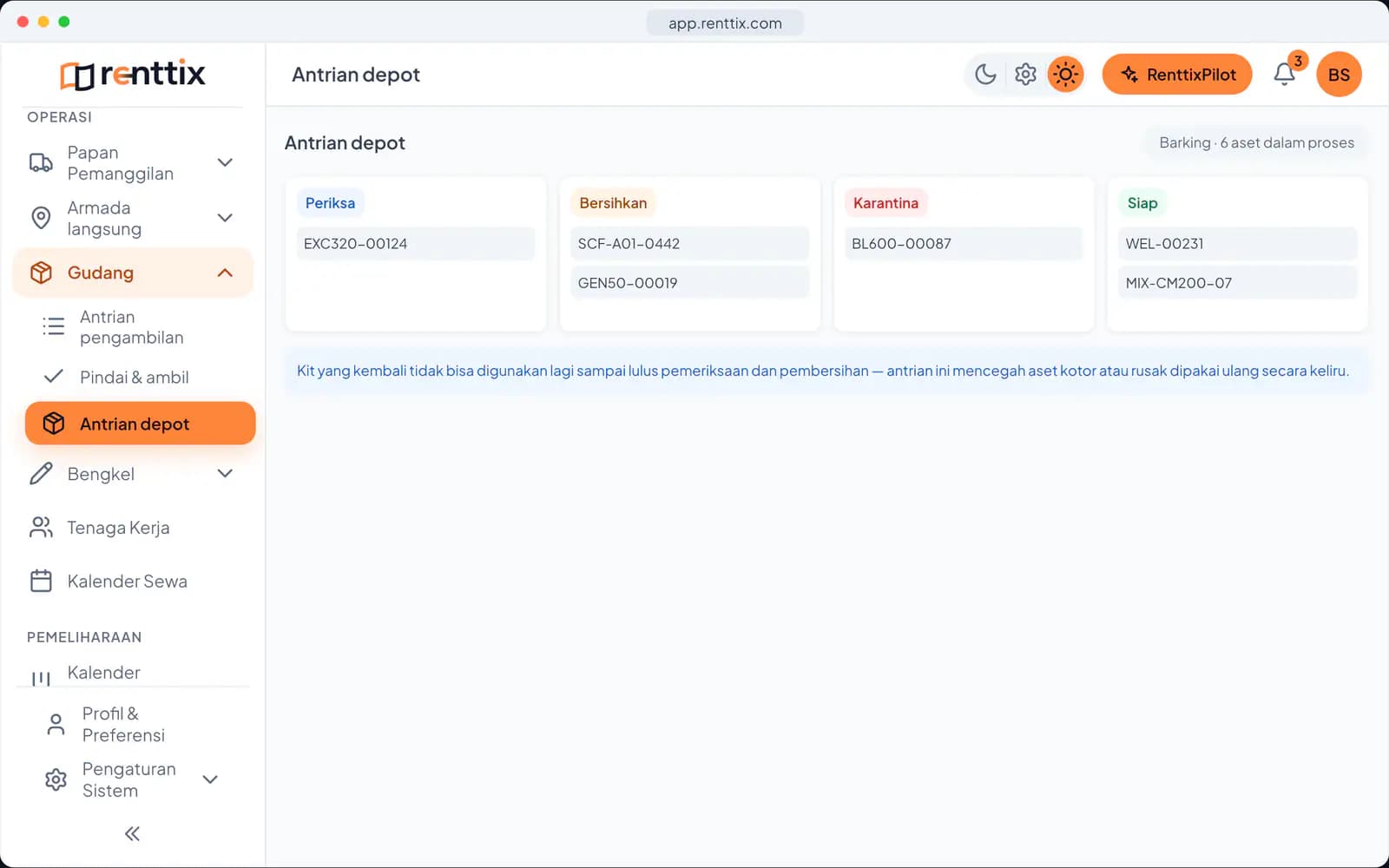 Demo Gudang: layar Renttix asli dengan data contoh
