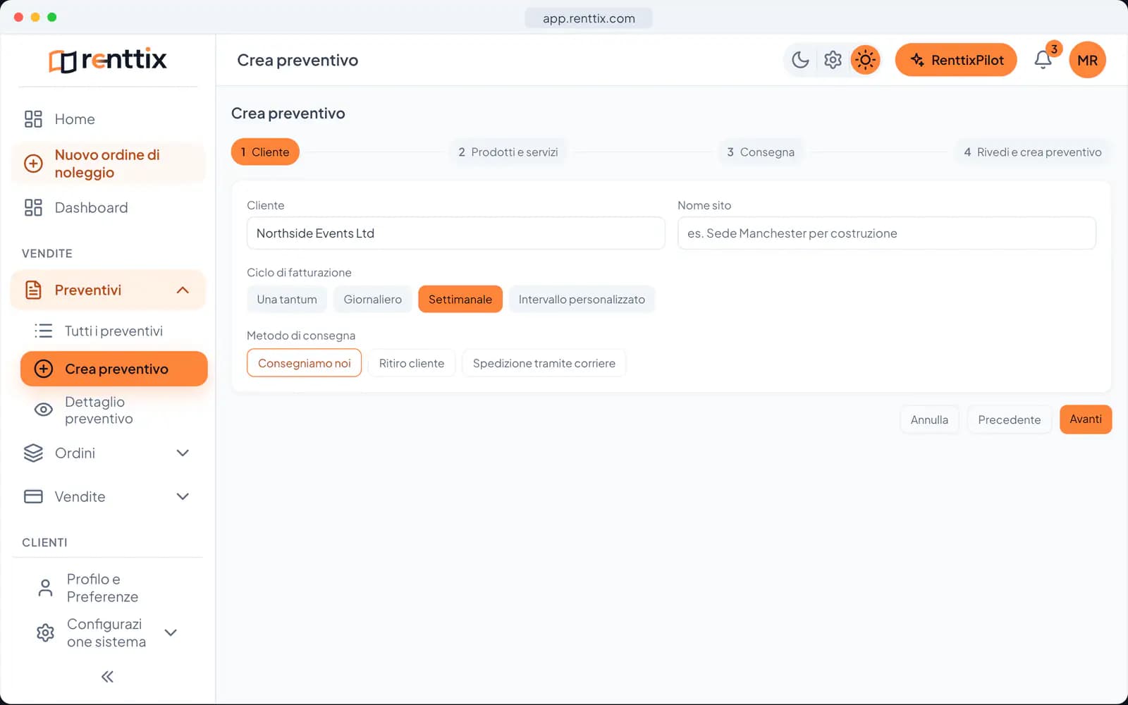 Demo del preventivatore: una vera schermata di Renttix con dati di esempio