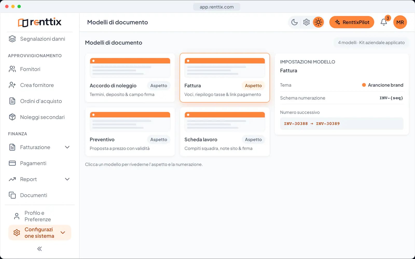 Documenti & demo di firma elettronica: una vera schermata di Renttix con dati di esempio