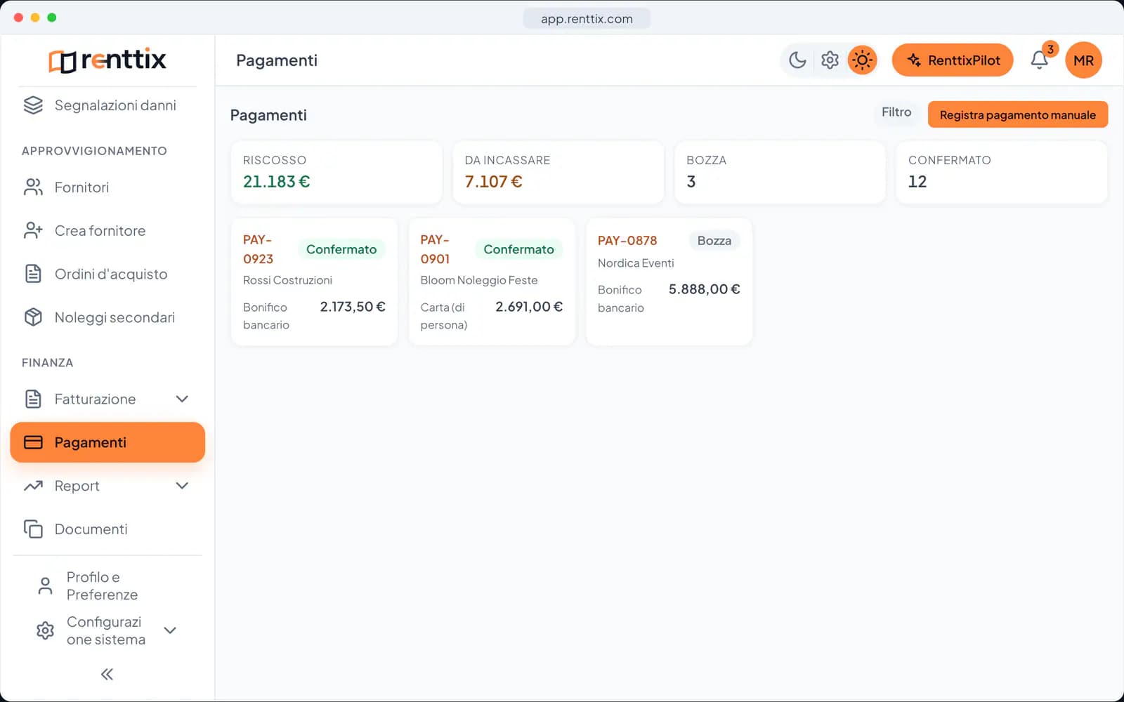 Pagamenti: una vera schermata di Renttix con dati di esempio