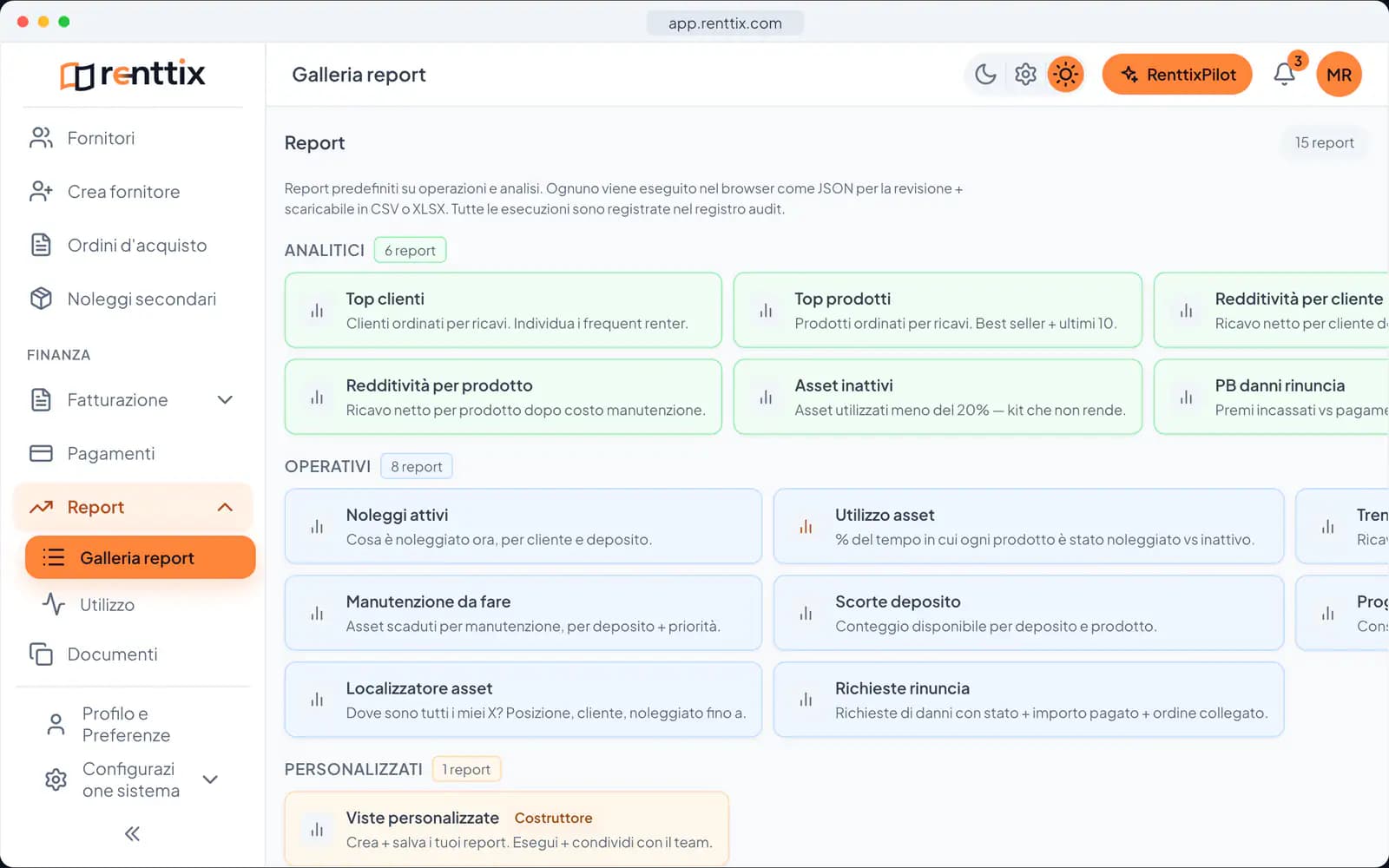 Demo reportistica: una vera schermata di Renttix con dati di esempio