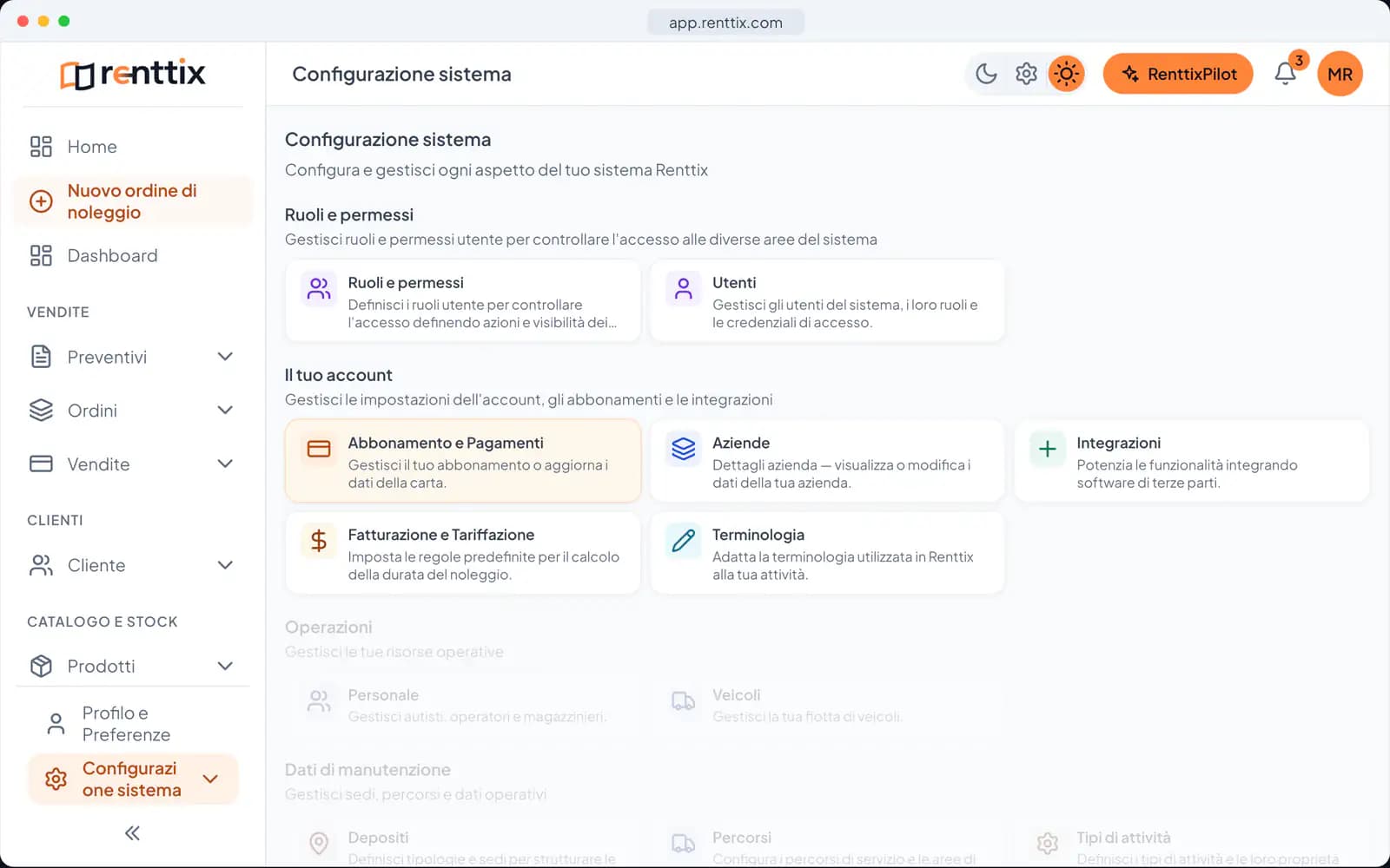 Configurazione sistema: una vera schermata di Renttix con dati di esempio