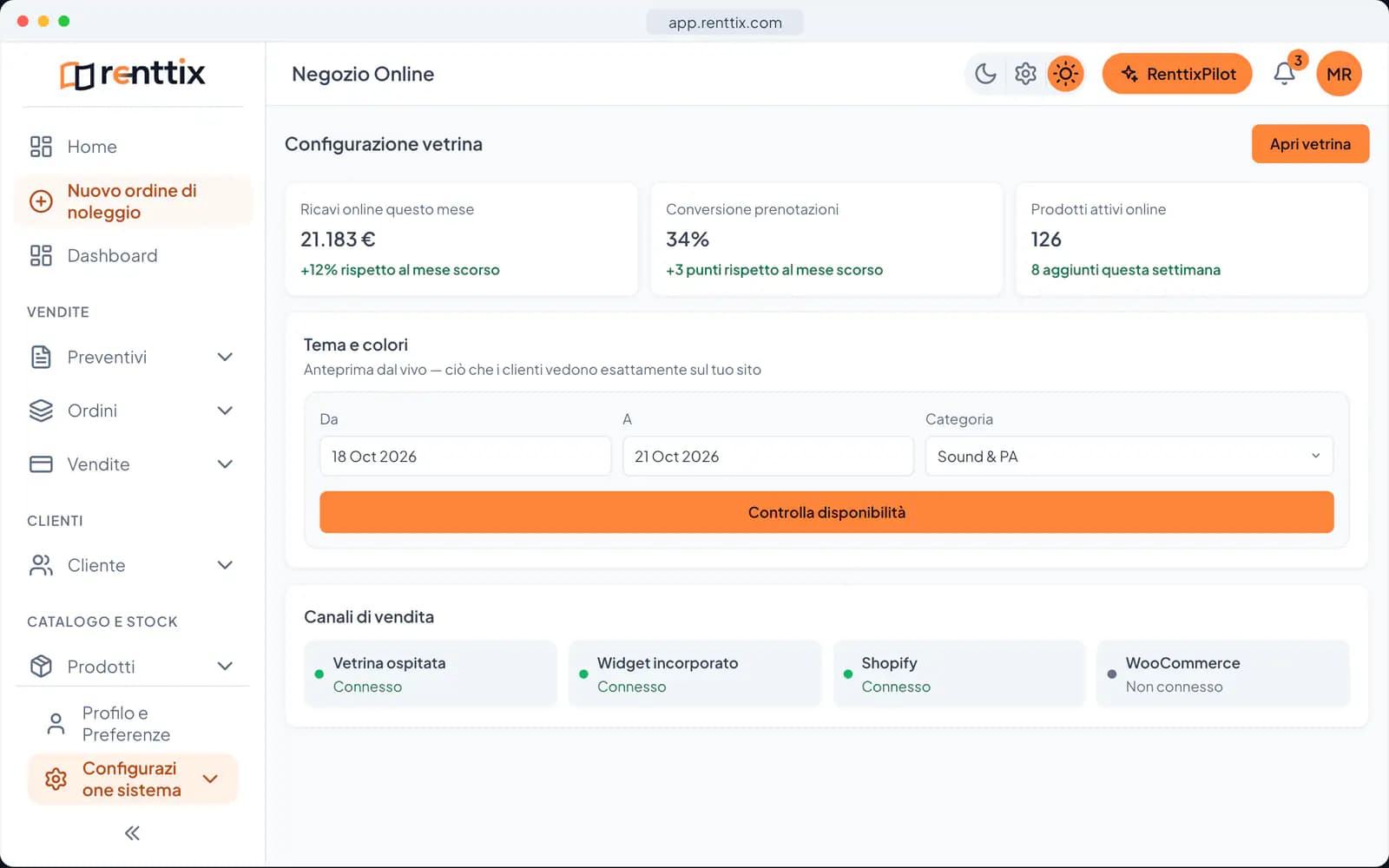Demo del negozio online: una vera schermata di Renttix con dati di esempio